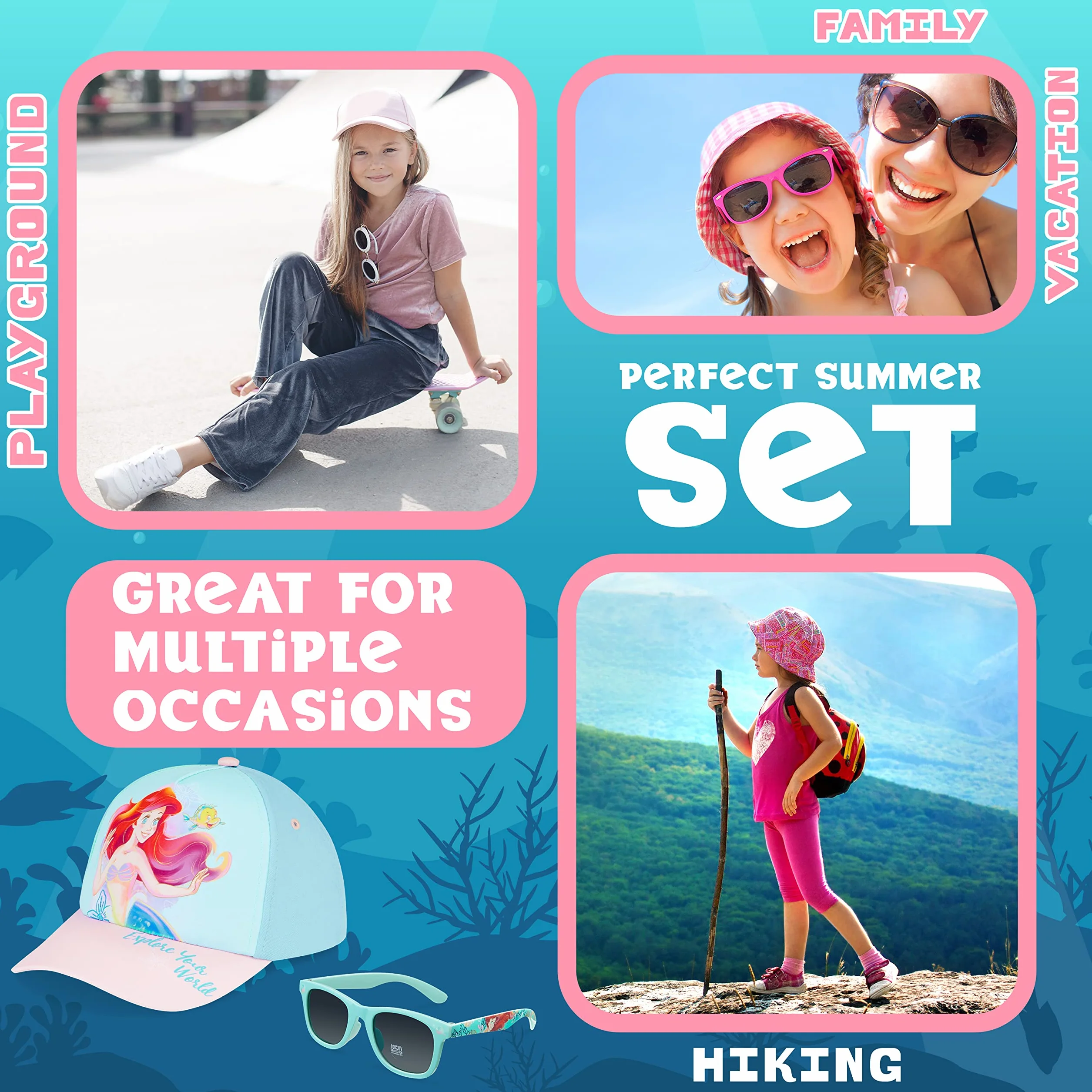 Disney Stitch Czapka z Daszkiem i Okulary Przeciwsłoneczne dla Dzieci dla Dziewcząt 100% UV Protection Lato Akcesoria Ustaw Jeden rozmiar Regulowany Kapelusz Frozen The Little Mermaid Stitch Prezenty dla Dziewczynek