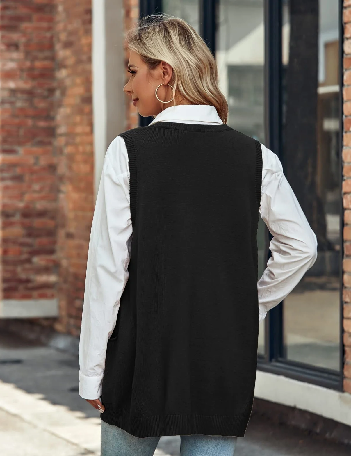 Xnova Damski sweter oversize, dekolt w serek, dzianinowa kamizelka, sweter bez rękawów, długi sweter z dzianiny, na czas wolny, na jesień i zimę