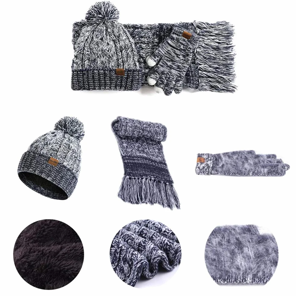 3 szt./zestaw unisex zimowa ciepła czapka beanie szalik zestaw i rękawiczki z ekranem dotykowym kobiety mężczyźni gruba elastyczna dwustronna dzianinowa czapka beanie para czapka outdoorowa narciarstwo, kemping