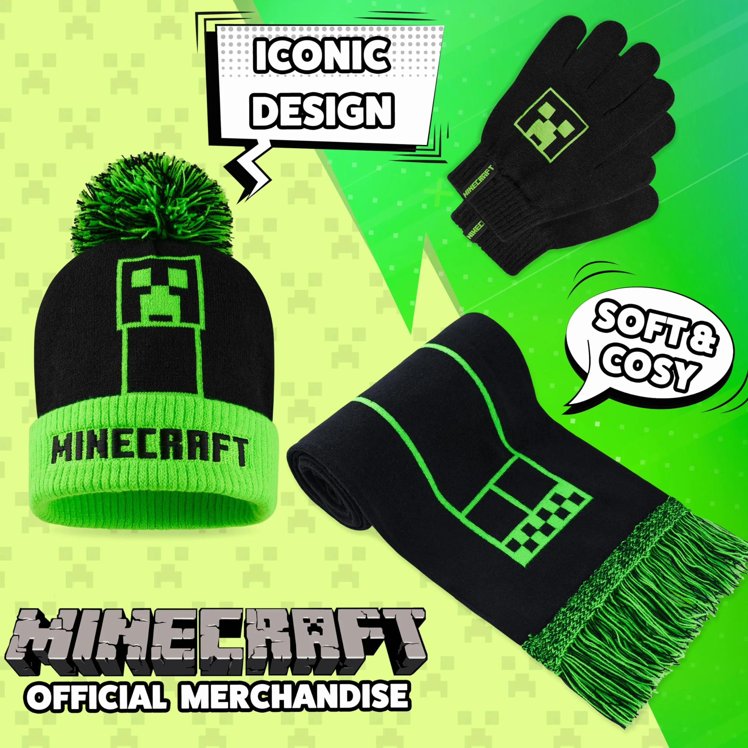 Minecraft Chłopcy Zestrynowy zestaw dzianin Junior Zielony czarny