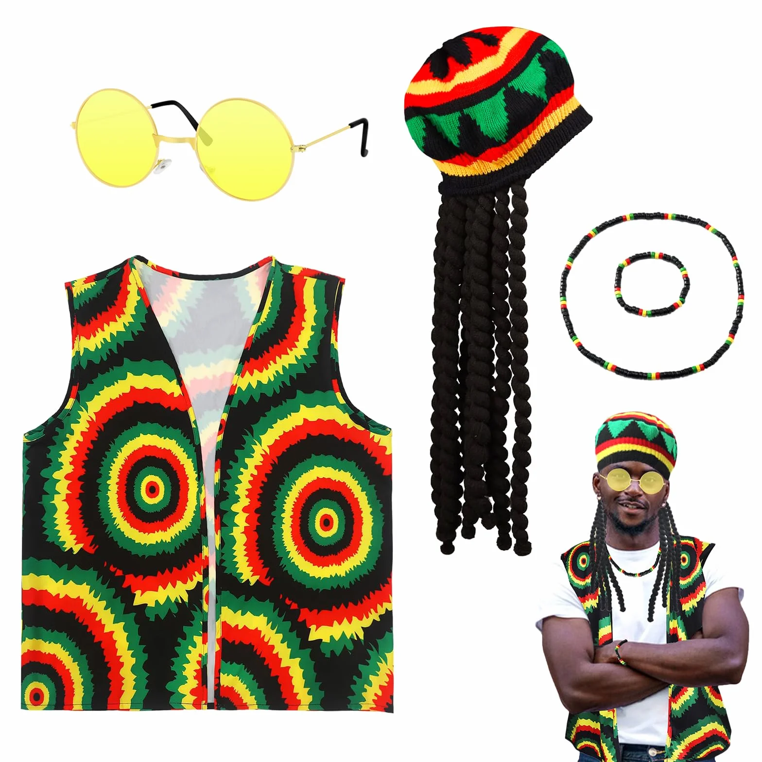 Zestaw akcesoriów do kostiumów Rasta 5 sztuk z czapką peruka Jamajka Reggae batik T-Shirt okulary przeciwsłoneczne pleciony naszyjnik bransoletka