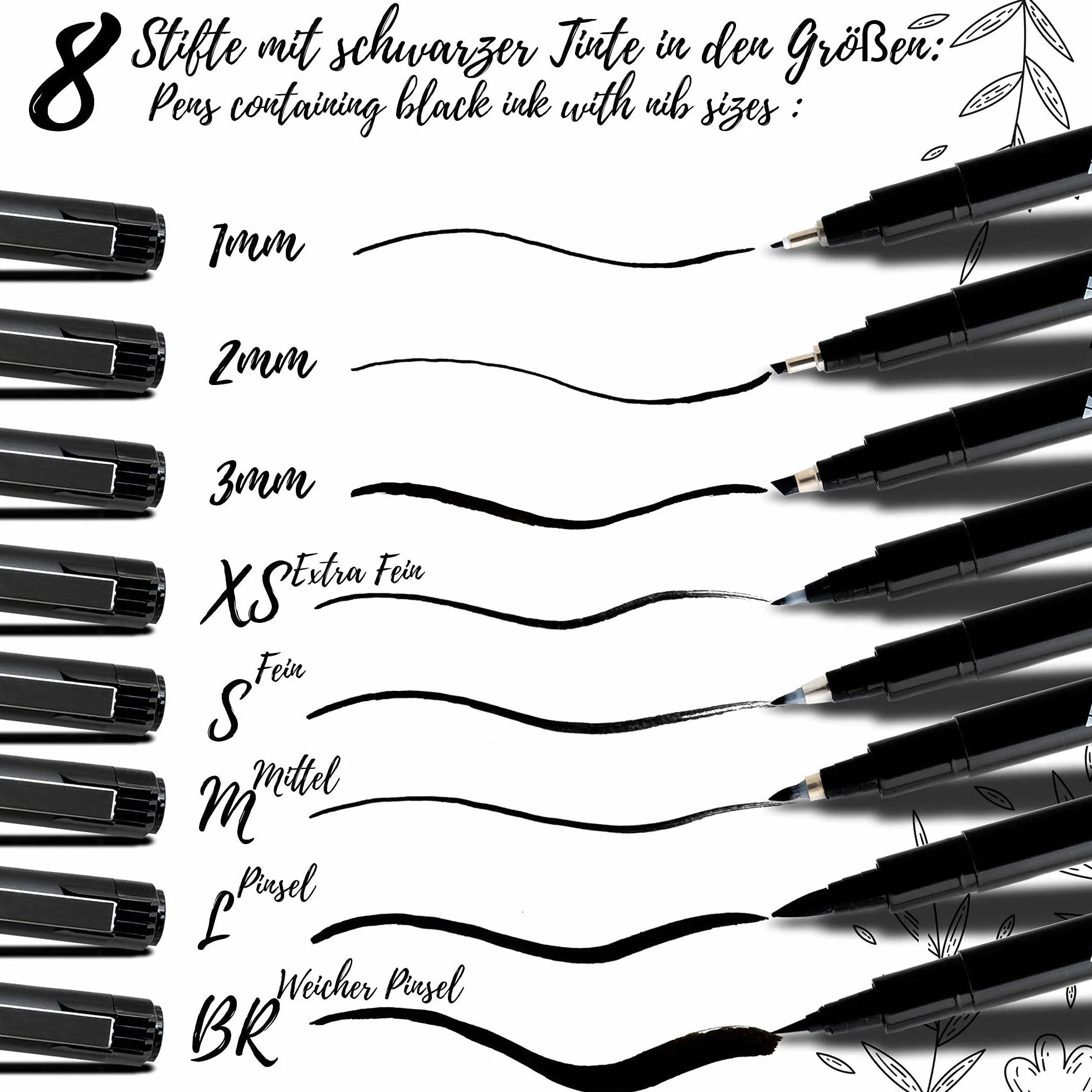 TRITART Zestaw 8 ołówków do kaligrafii - Długopisy pędzelkowe z różnymi końcówkami pióra - Czarne flamastry z najlepszymi japońskimi odcieniami - Handletter Fineliner i kredki do malowania