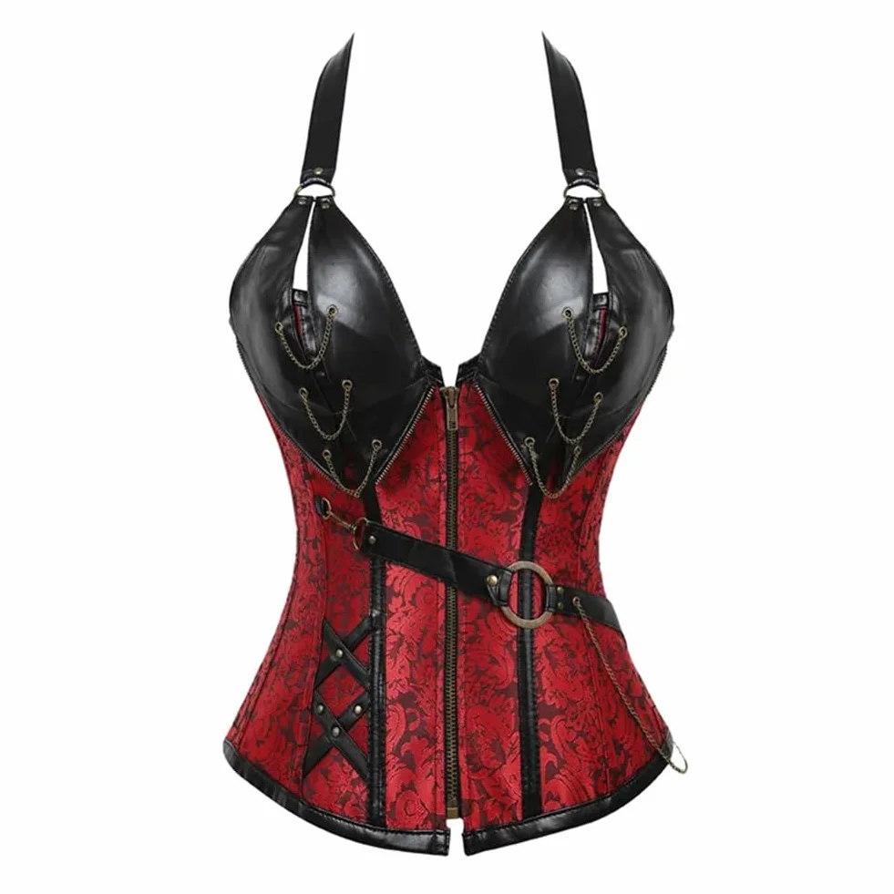 Niiyyjj Damski gorset z ćwiekami ze sztucznej skóry, gorset z łańcuszkami, steampunk, kamizelka modelująca talię, Czerwony, 6XL