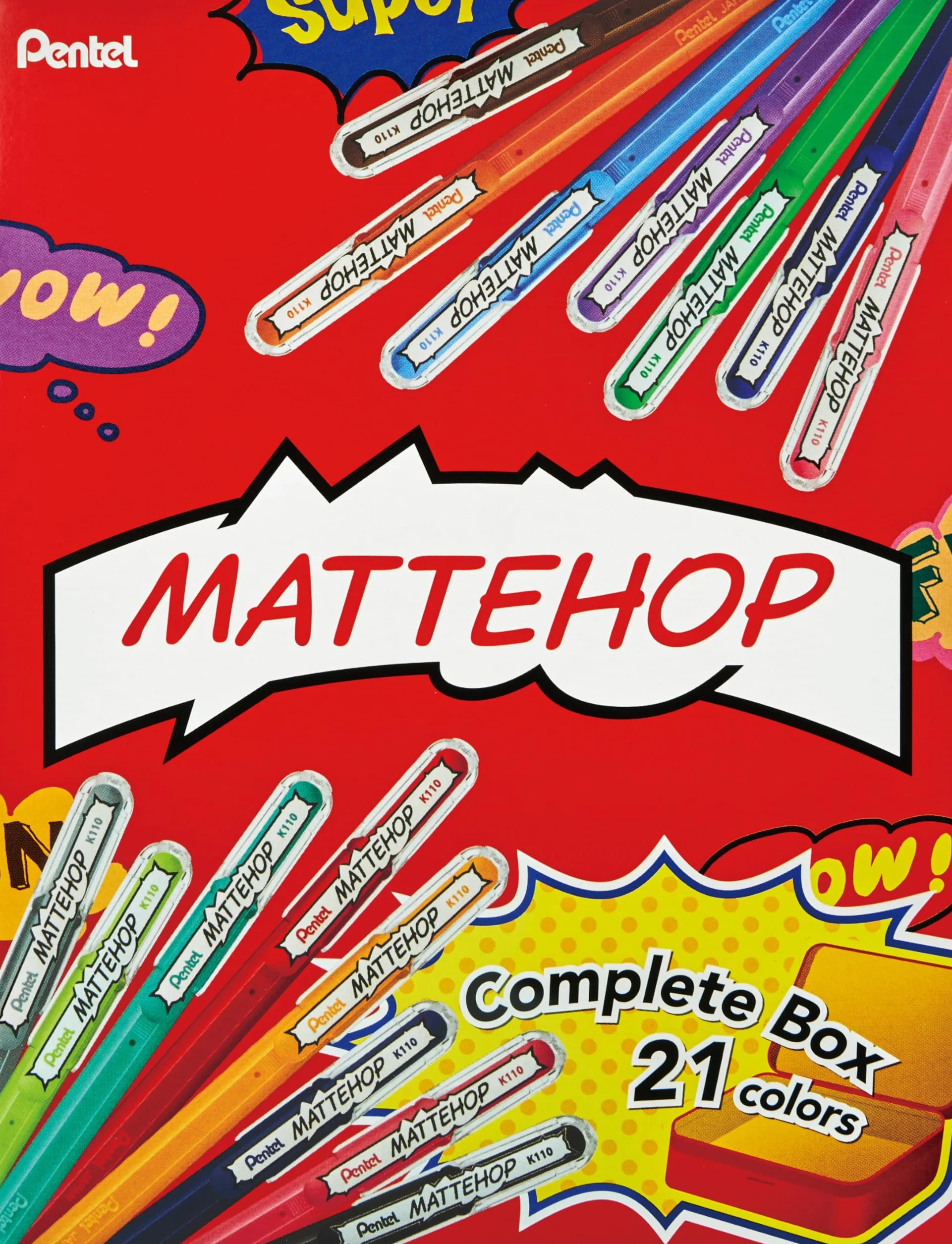 Pentel Mattehop K110V długopis żelowy z wysoko kryjącym tuszem o matowym wykończeniu, 1,0 mm (metalowe pudełko z 21 sztukami zawartości – sortowane kolorystycznie)