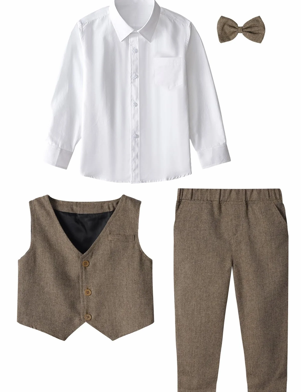 mintgree Garnitury Ślubne dla Dzieci, 3PCS Tweed Herringbone Strój do Chrztu Zestaw Ubrania Koszulka + Kamizelka + Spodnie + Muszka, 1-4 lata