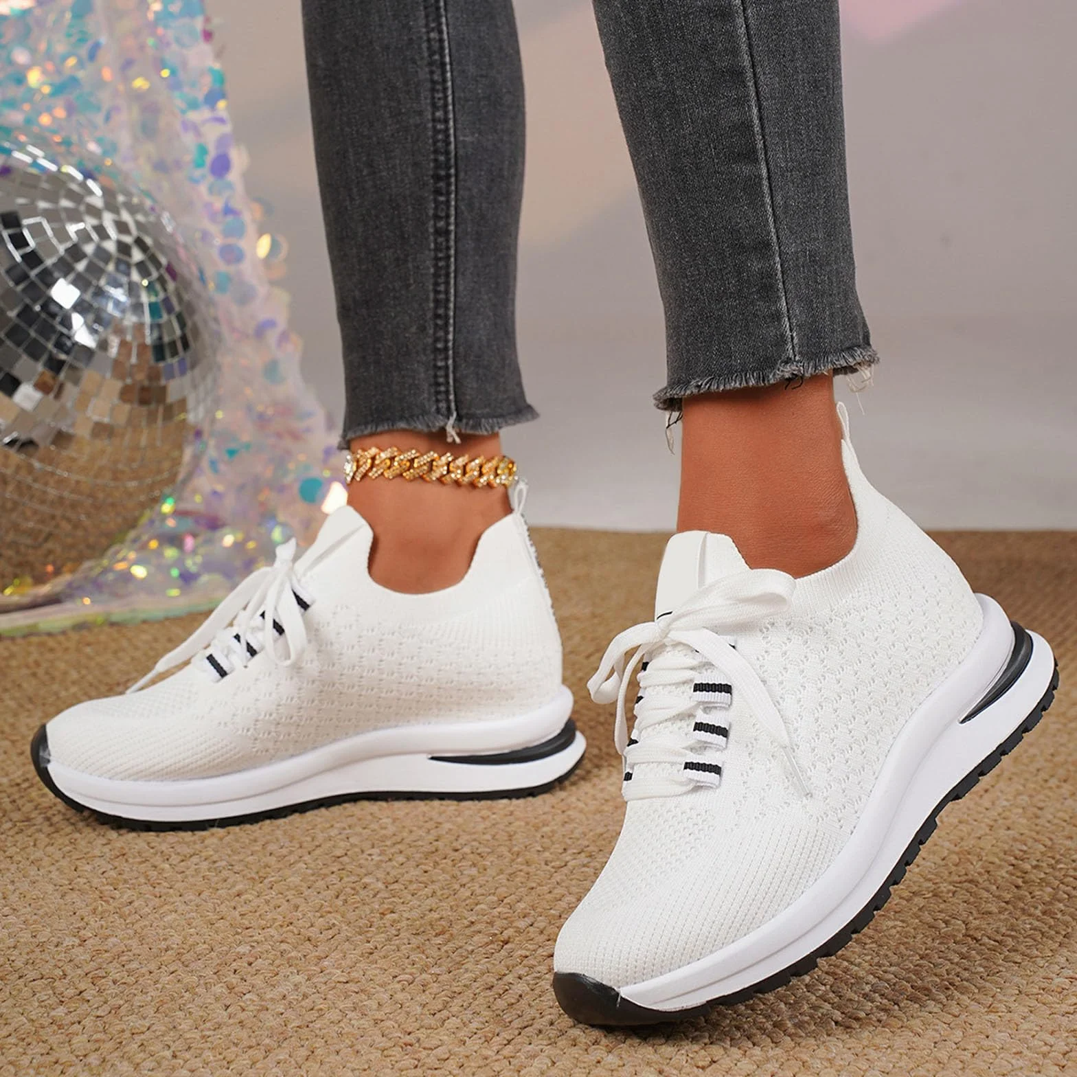 Damskie buty sportowe z tkanej siateczki, oddychające buty na koturnie, gruba podeszwa, duże damskie buty sportowe, buty na platformie