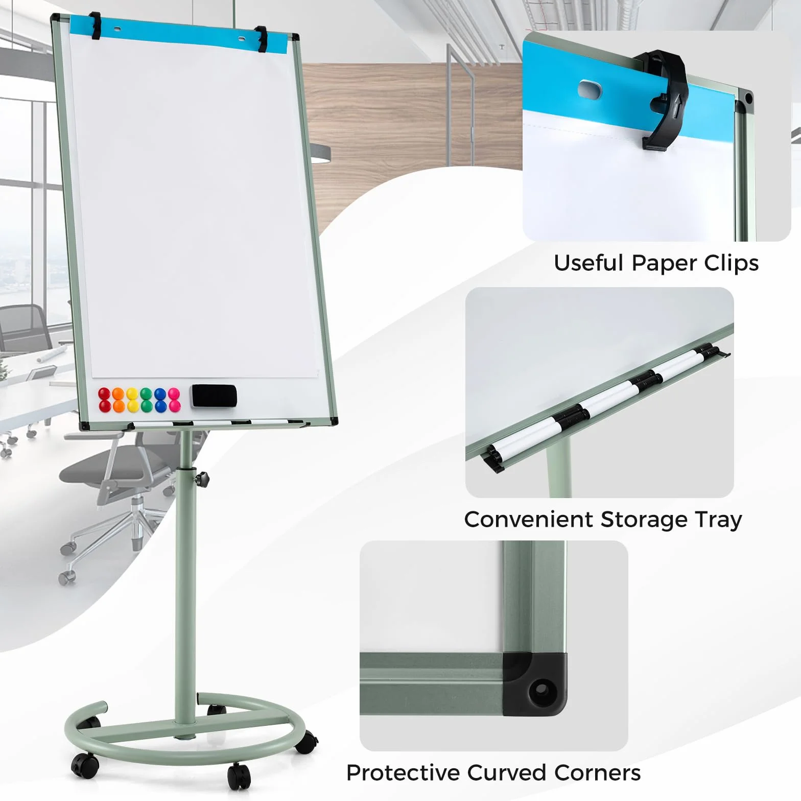 GIANTEX Stojak na flipchart 100 x 65 cm, mobilna tablica suchościeralna z nóżką na rolki, z regulacją wysokości i magnetyczną tablicą suchościeralną z półką na długopisy, zmywalna na sucho (zielony)