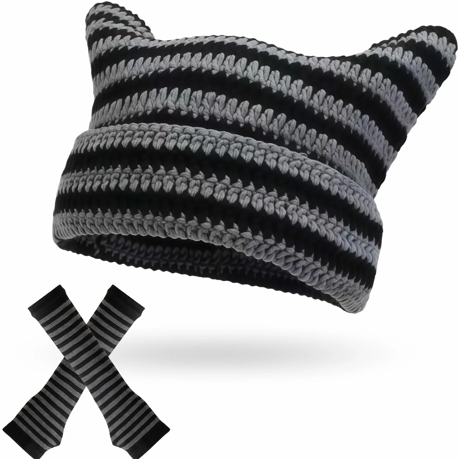 GWAWG Grunge dzianinowa czapka z kocimi uszami z pasiastymi rękawiczkami bez palców - ocieplacze nadgarstków dla kobiet i dziewcząt, gotycki Emo Alt Y2K szydełkowy kapelusz i czarny zestaw akcesoriów