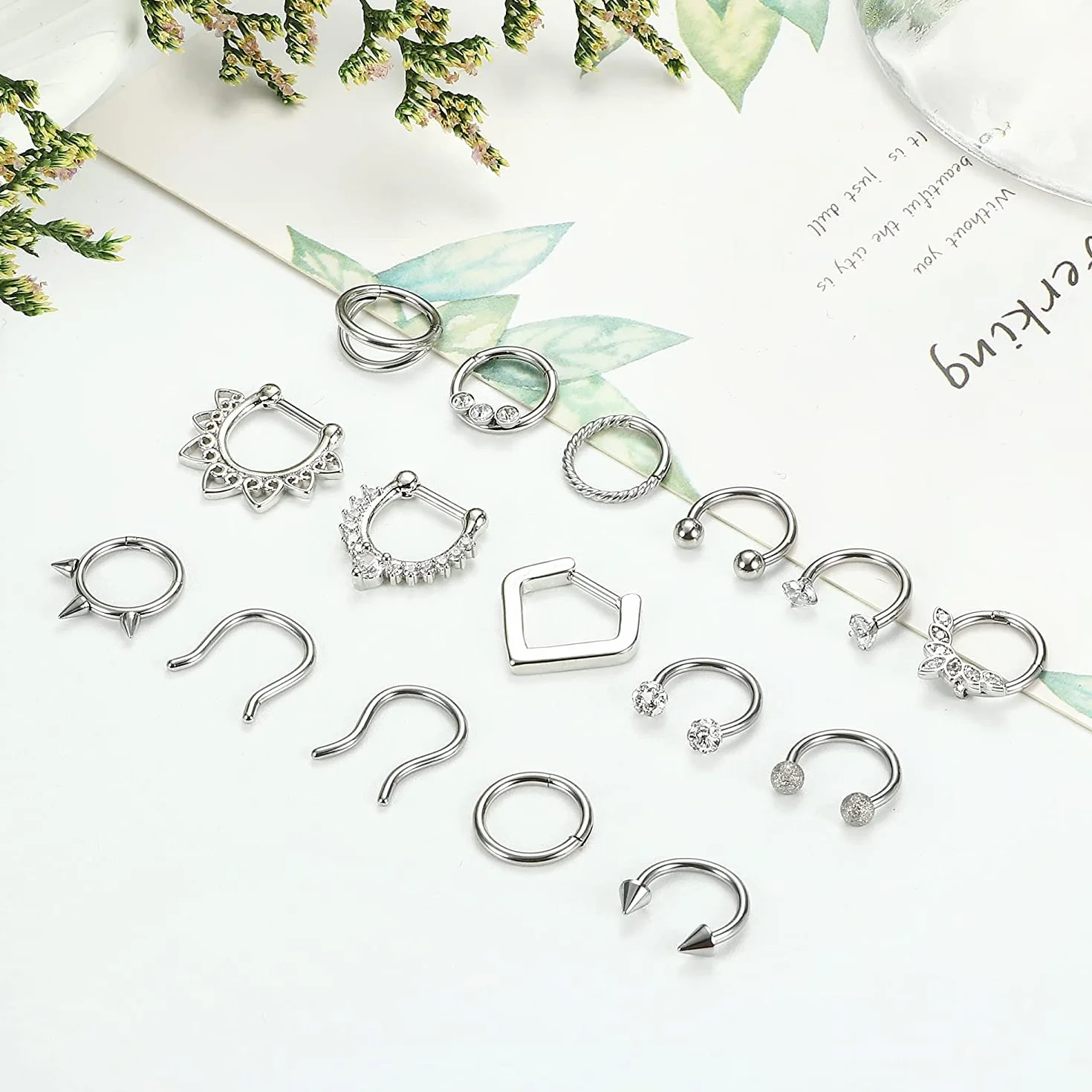 Adramata 16 sztuk kolczyków do piercingu przegrody nosowej typu septum, 16 g, kolczyk typu podkowa, stal nierdzewna, kolczyki do nosa, Hoop CZ (chrząstka, helix, tragus, septum, clicker, piercing 8
