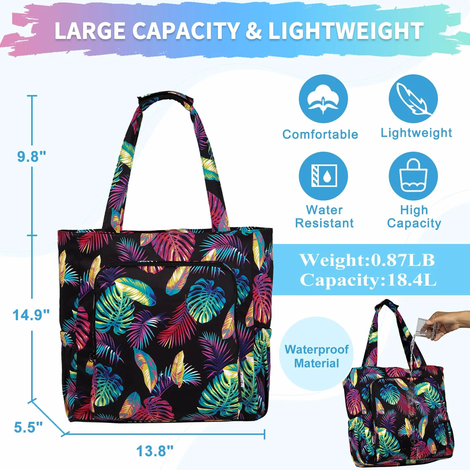Chic torba plażowa z zamkiem błyskawicznym, duży format, wodoszczelna, odporna na piasek, na lato, na basen, modna torebka na zakupy, Kolorowe liście, 35 cm x 14 cm x 37.5 cm