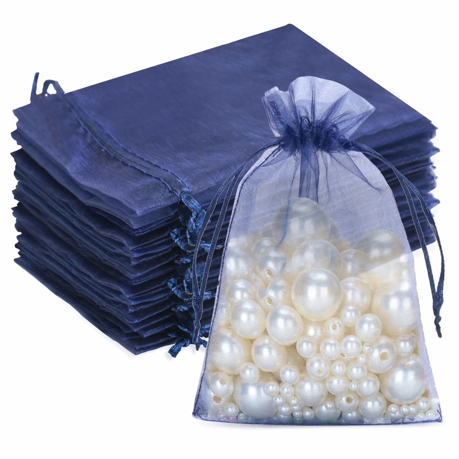 G2PLUS Granatowe torebki z organzy, 10 x 15 cm, 50 szt., z organzy, ze sznurkiem, na ślub, cukierki, torebki na biżuterię, torebki prezentowe