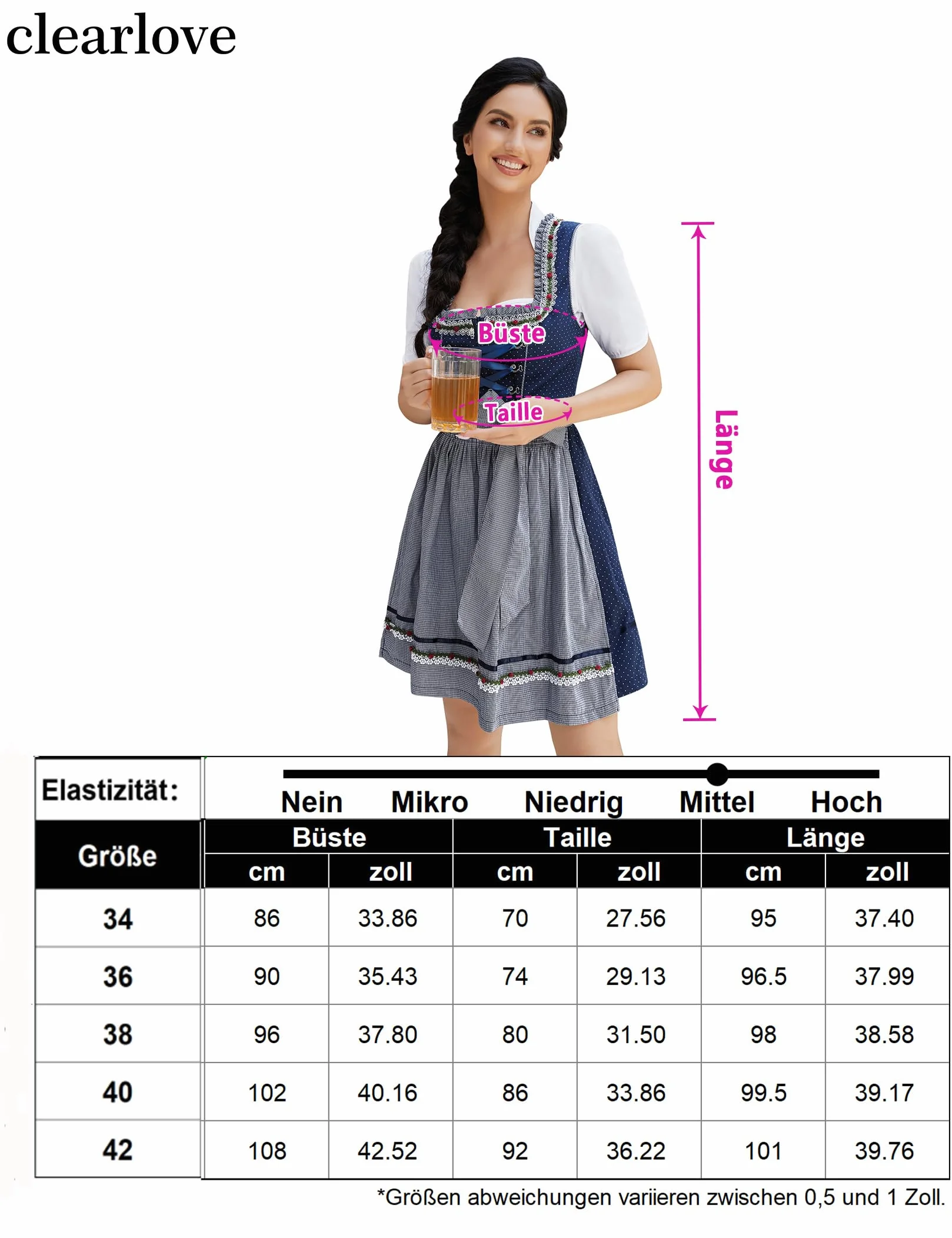 Clearlove damska sukienka midi typu Dirndl, na Oktoberfest, karnawał, trzy elementy: sukienka, bluzka, fartuch (opakowanie wielokrotnego użytku)., M