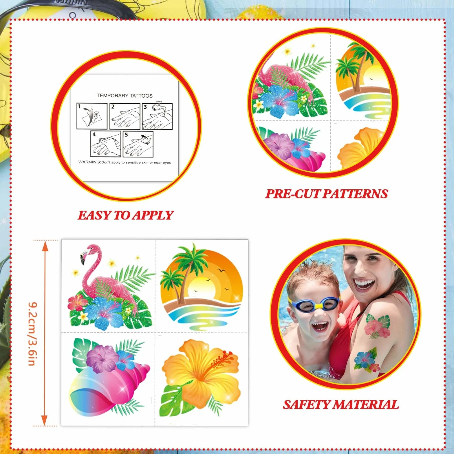 Qpout 96 sztuk brokatowych tatuaży tymczasowych dla dzieci i kobiet, letnie hawajskie tatuaże kwiatowe, Aloha Party Luau Beach Favors, dekoracja tropikalna
