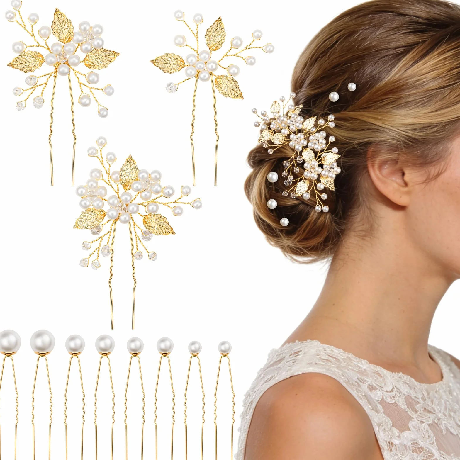 Kiiwah 11 sztuk spinki do włosów dla nowożeńców, spinki do włosów z koralikami, akcesoria do włosów dla nowożeńców, eleganckie spinki do włosów dla kobiet panny młodej dziewczyny(złoto)