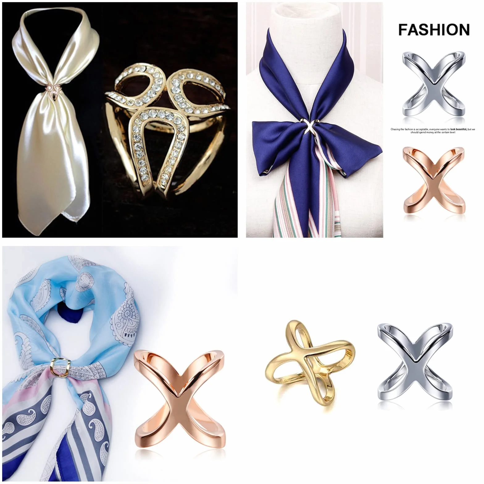 6 szt. damski elegancki w kształcie X jedwabny szalik klips pierścień kryształ górski szaliki klips klamra uchwyt na ślub przyjęcie srebrny różowe złoto