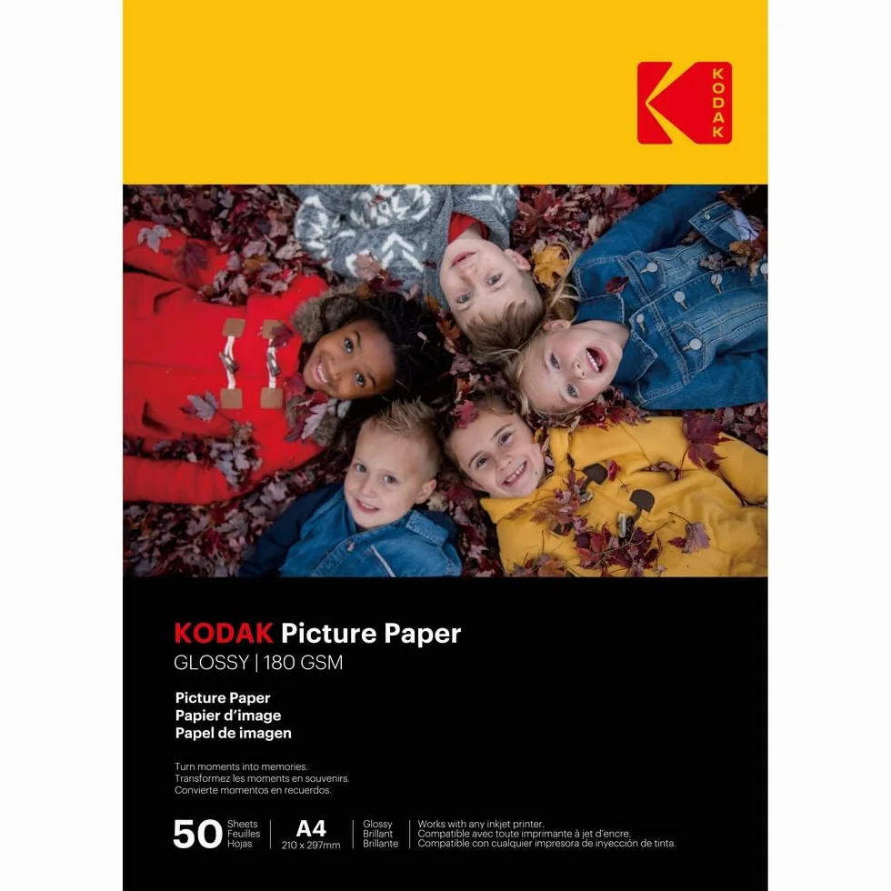 KODAK Picture Paper - Błyszczący papier fotograficzny, opakowanie 50 arkuszy, format A4 (21x29,7cm), 180g/m², idealny do wydruków atramentowych, żywych kolorów i wysokiego kontrastu, wysokiej jakości