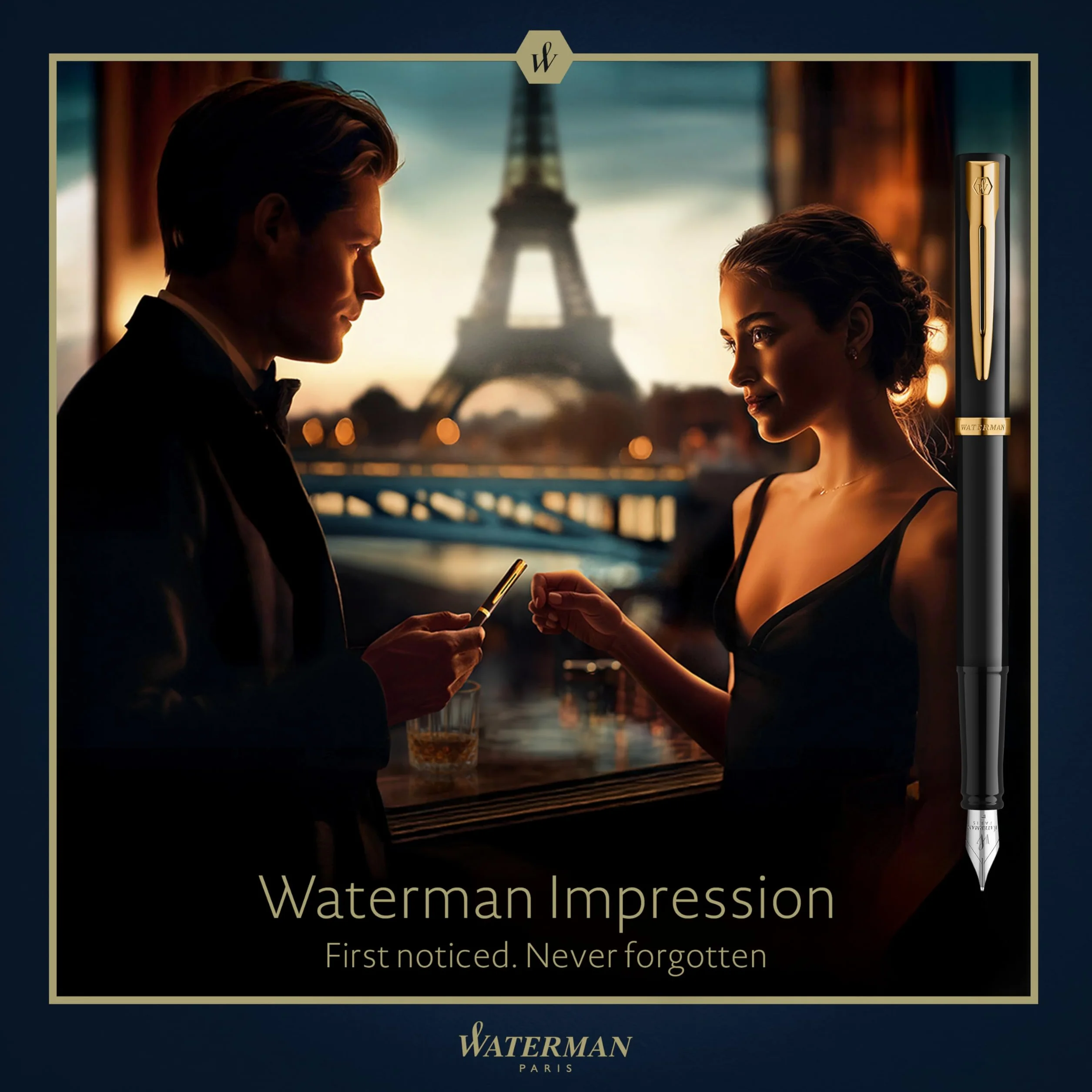 Waterman Impression Wieczne pióro | Średnia stalówka z niebieskim wkładem | Czarny lakier z pozłacanymi wykończeniami | Pudełko upominkowe