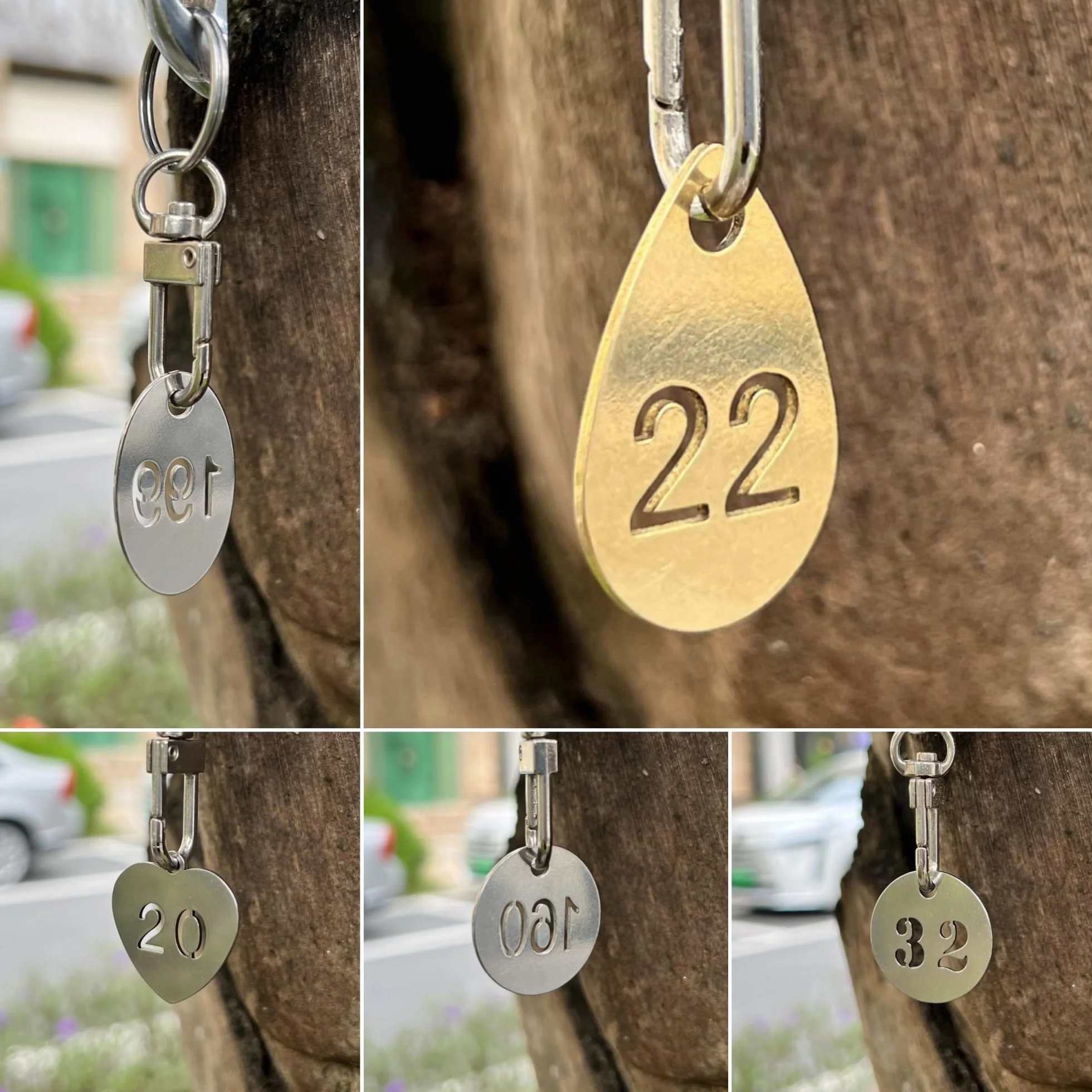 Mosiężne zawieszki do kluczy w kształcie kropli z pierścieniem, wydrążone identyfikatory numeryczne, breloczki do kluczy, numerowane breloczki od 1 do 5