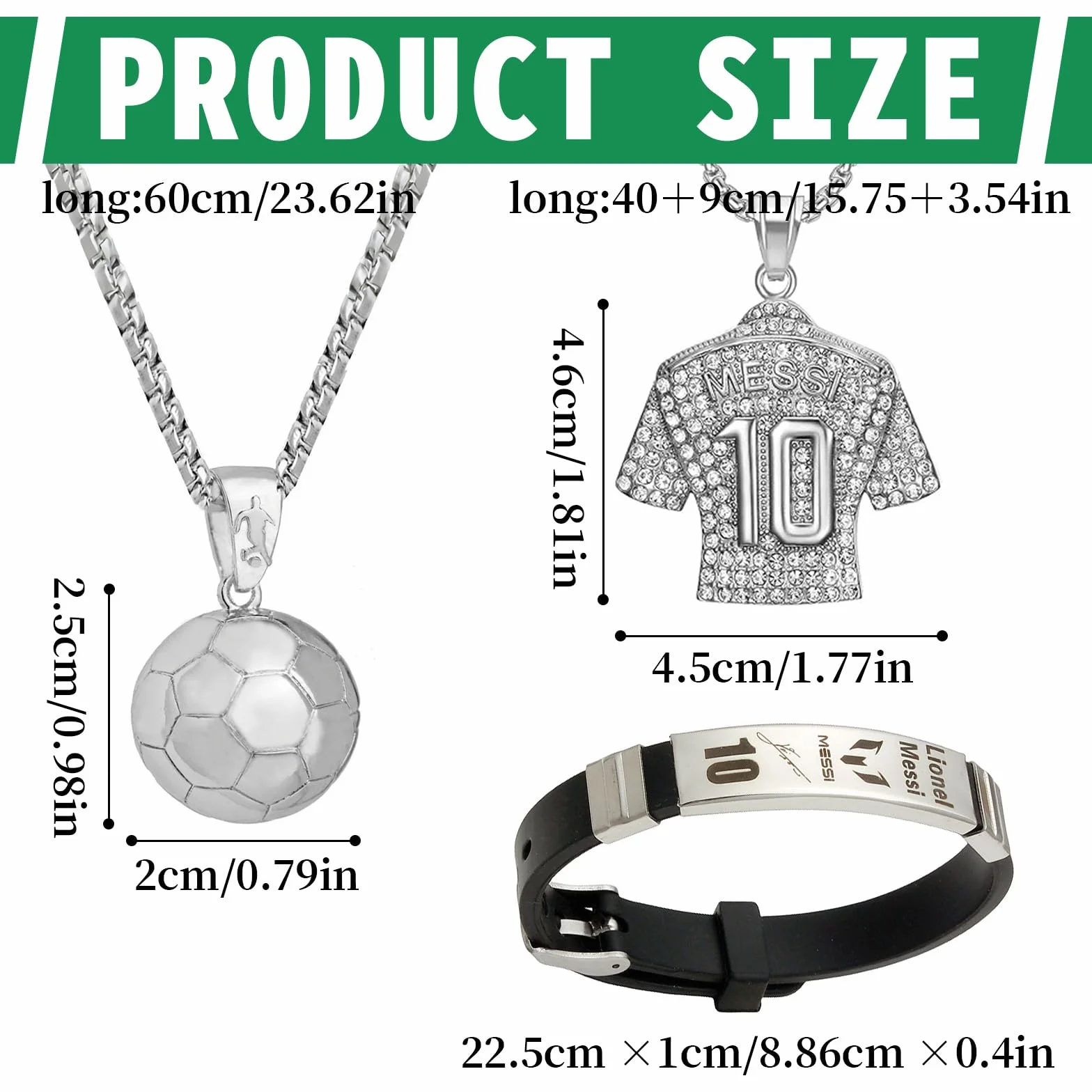3 bransoletki dla chłopców, długość łańcuszka 51 cm, dla chłopców, obwód nadgarstka 22,5 cm, srebrny, regulowany, prezent dla chłopców, fanów piłki nożnej, zawieszki lub na urodziny