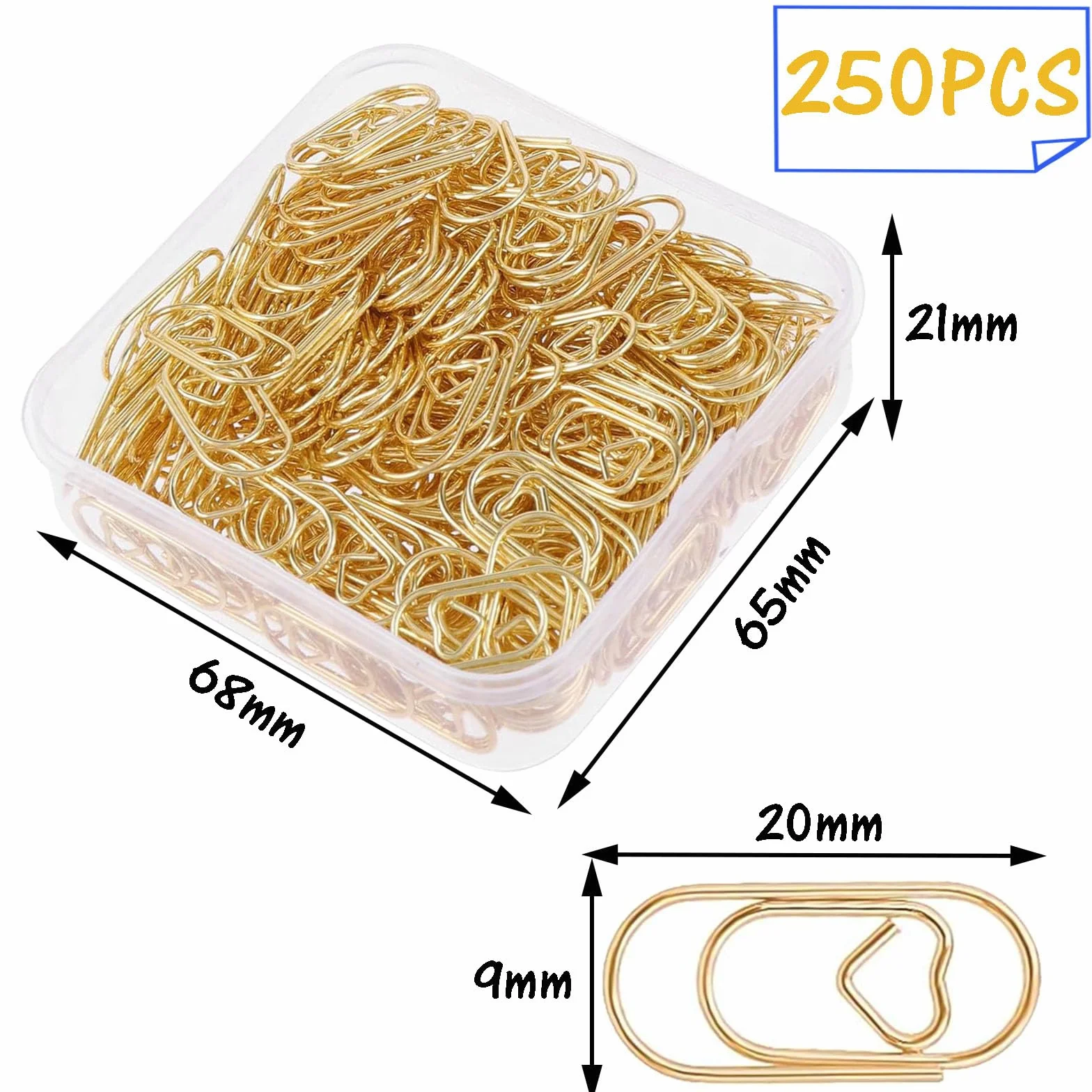 250-huixingzhen 250-huixingzhen spinacze biurowe w kształcie serca, 250 sztuk, złote spinacze biurowe, zestaw z przezroczystym pudełkiem