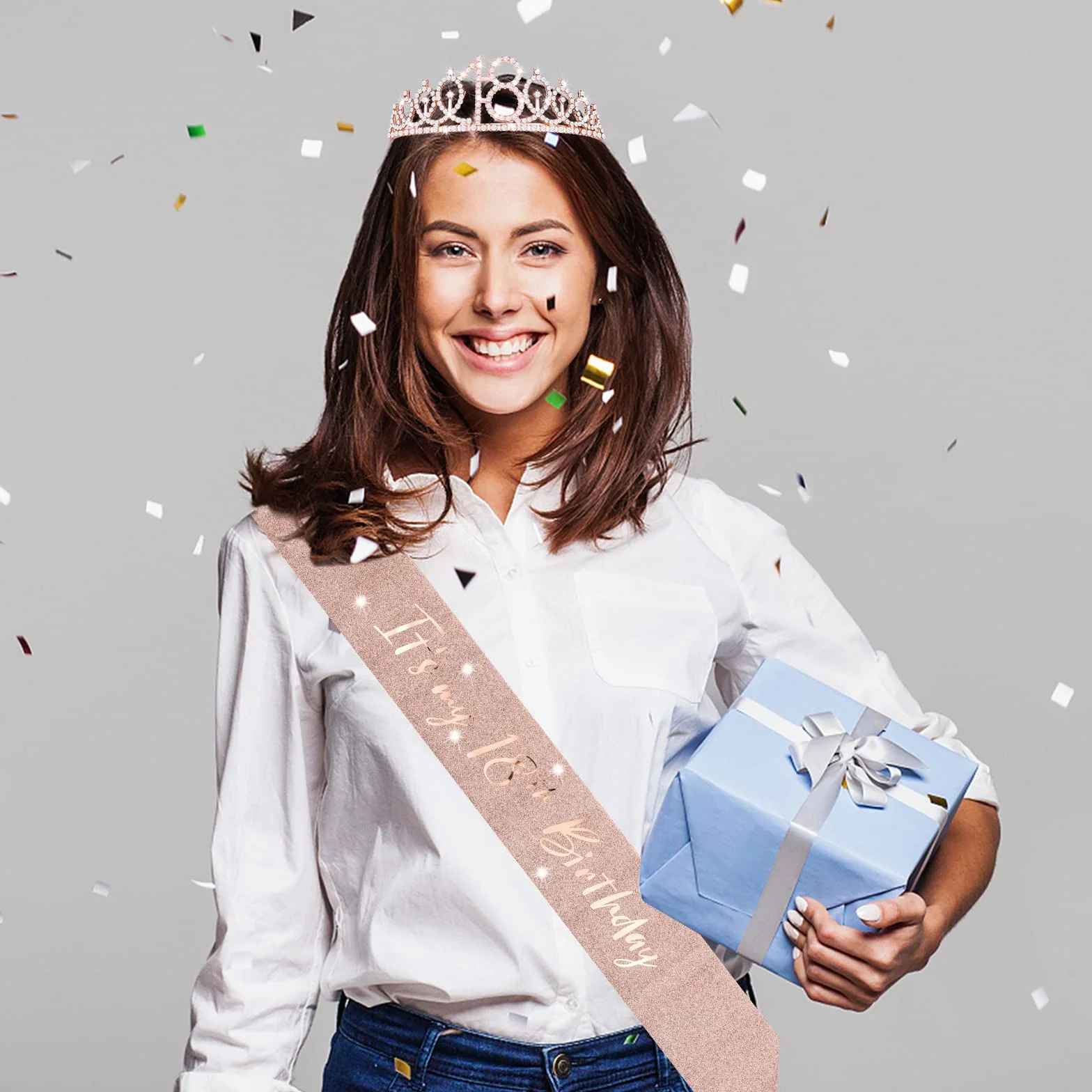 Abeillo 'It's My 18th Birthday' szarfa i tiara zestaw dla dziewcząt - korona w kolorze różowego złota i bajeczna dekoracyjna satynowa szarfa - artykuły imprezowe i prezenty