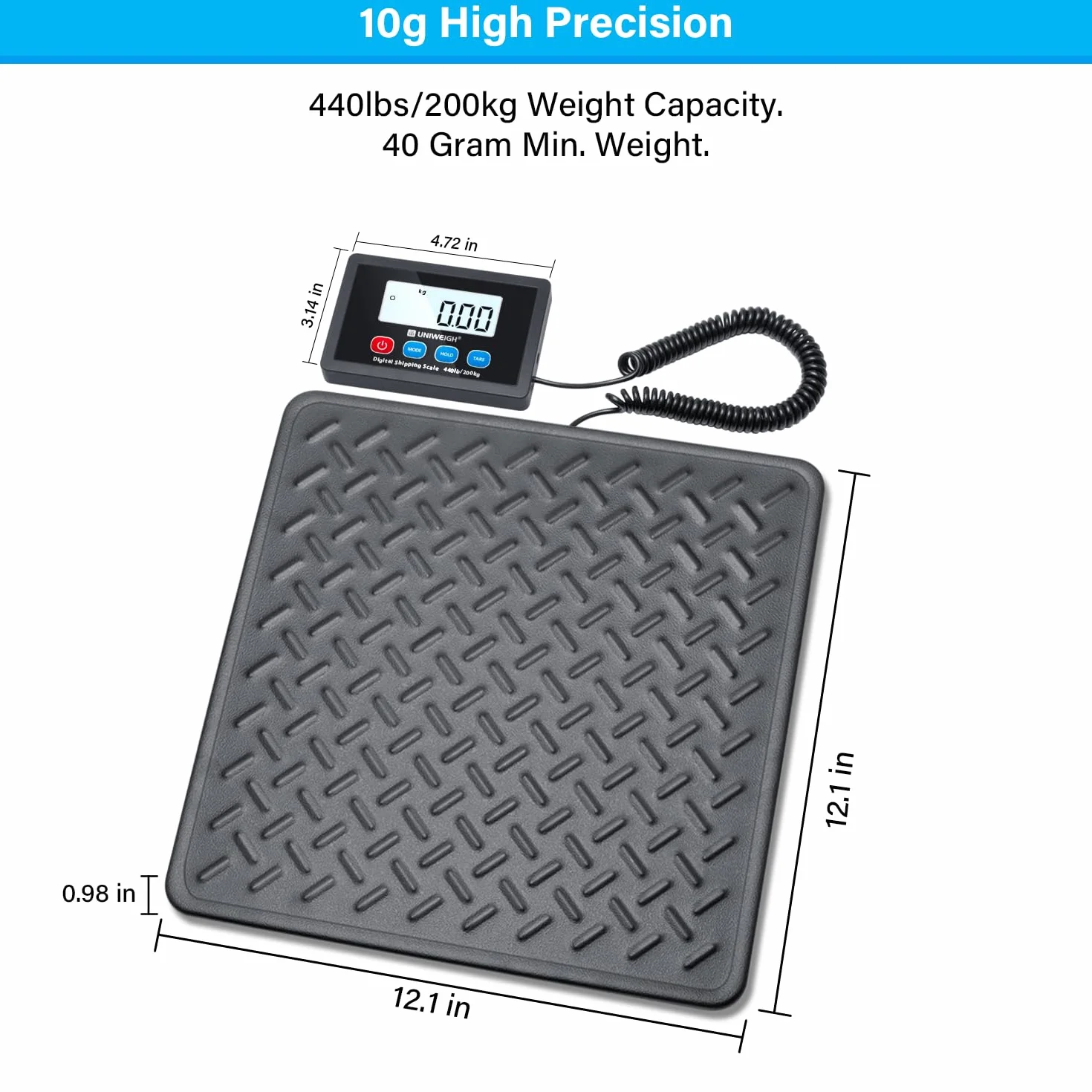 UNIWEIGH Wagi pocztowe, 199.6 kg x 10 g Cyfrowa waga pocztowa, trwała platforma ze stali stopowej, wagi do dużych obciążeń do pakietów/magazynów/bagażu, waga paczkowa z funkcją LCD/Hold/Tare, baterie