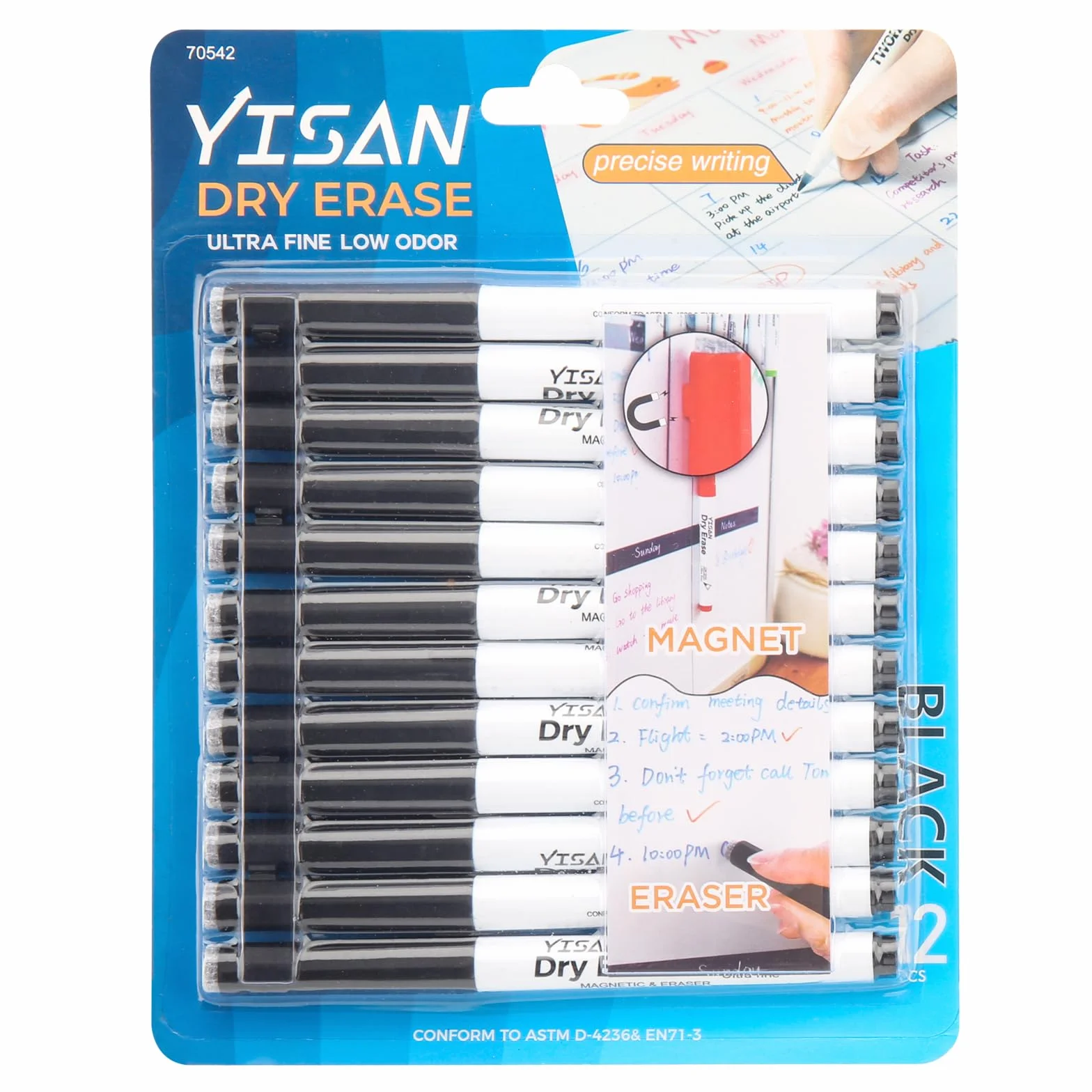 YISAN Markery magnetyczne do białej tablicy Fine Tip, czarne, suche pisaki 0,7 mm, markery do tablic z gumkami, o niskim zapachu, do biura i domu, 70542