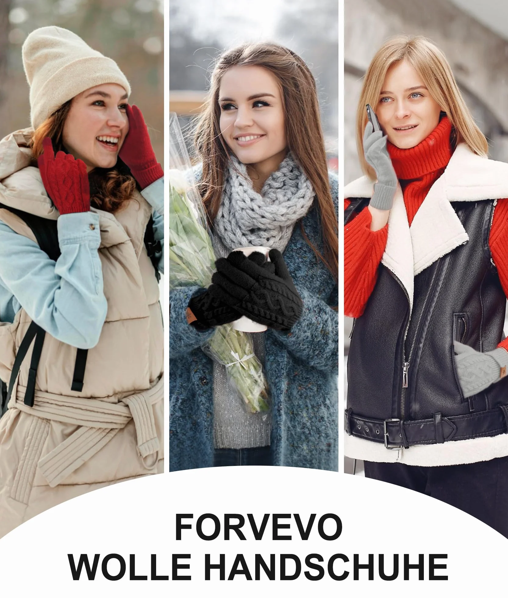 FORVEVO Rękawiczki damskie zimowe z wełną, rękawiczki termiczne, miękki polar, ciepłe, długie rękawiczki wełniane, damskie, do obsługi ekranów dotykowych, outdoorowe rękawiczki zimowe