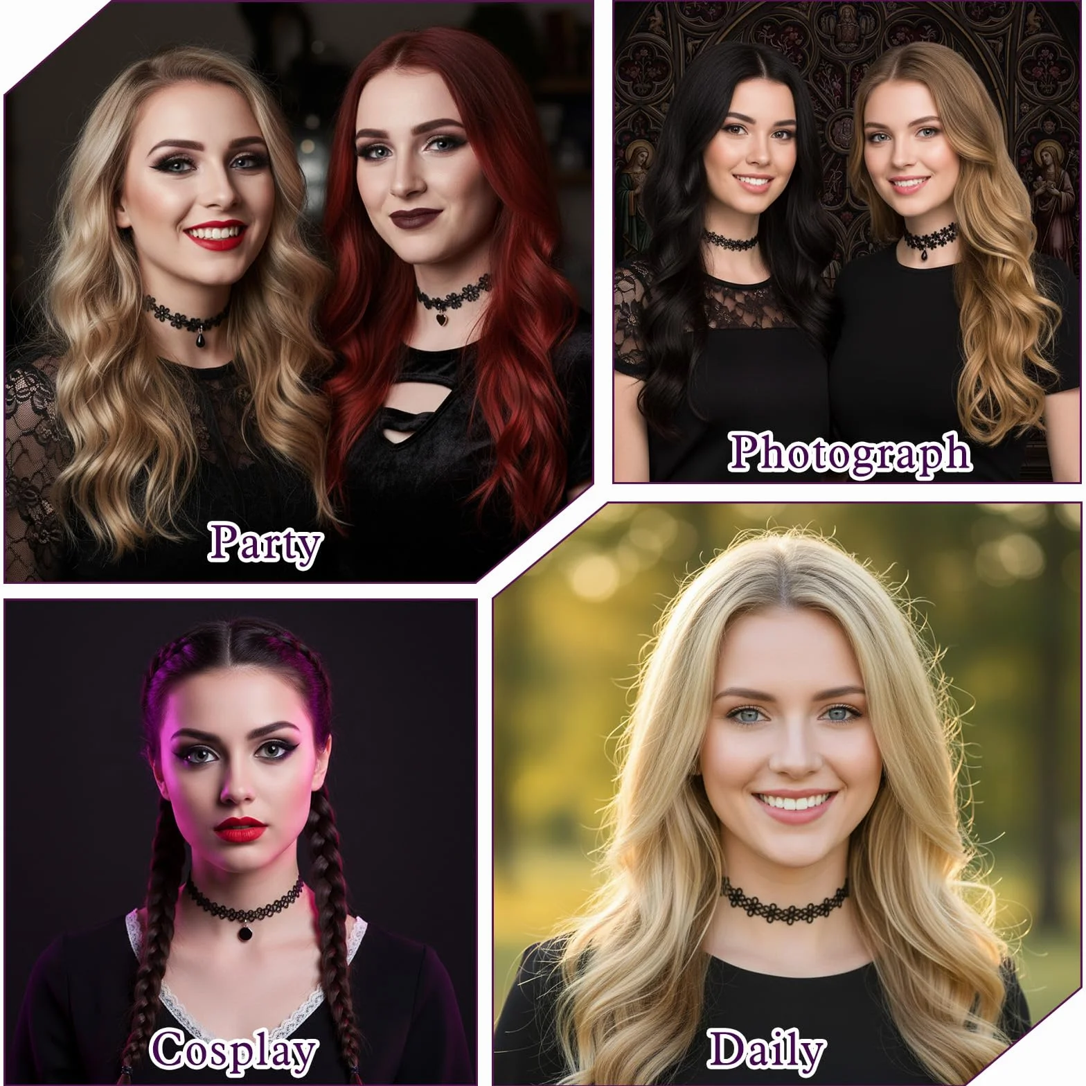Nogeqi 6 czarnych naszyjników damskich typu choker, regulowany, czarny, aksamitny, gotycka biżuteria, akcesoria gotyckie, klasyczne czarne koronkowe naszyjniki dla kobiet i dziewcząt, do tańca, na