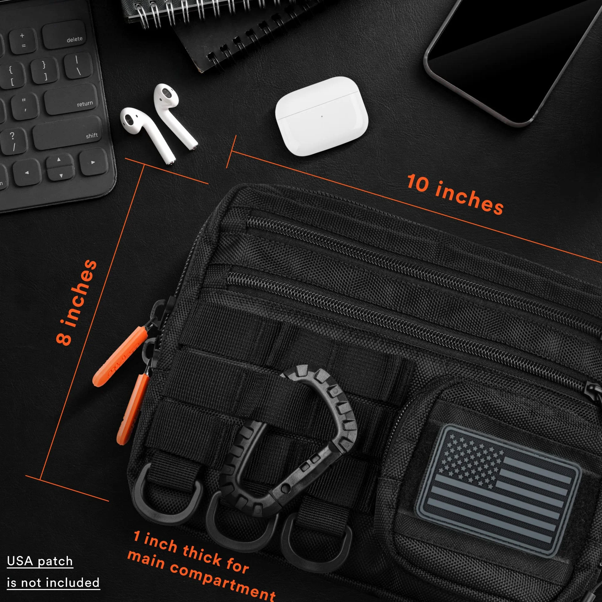 Fitdom Czarna mała taktyczna torba listonoszka dla mężczyzn. Ten EDC ma wiele sposobów noszenia jako chusta, ramię, crossbody, talia.