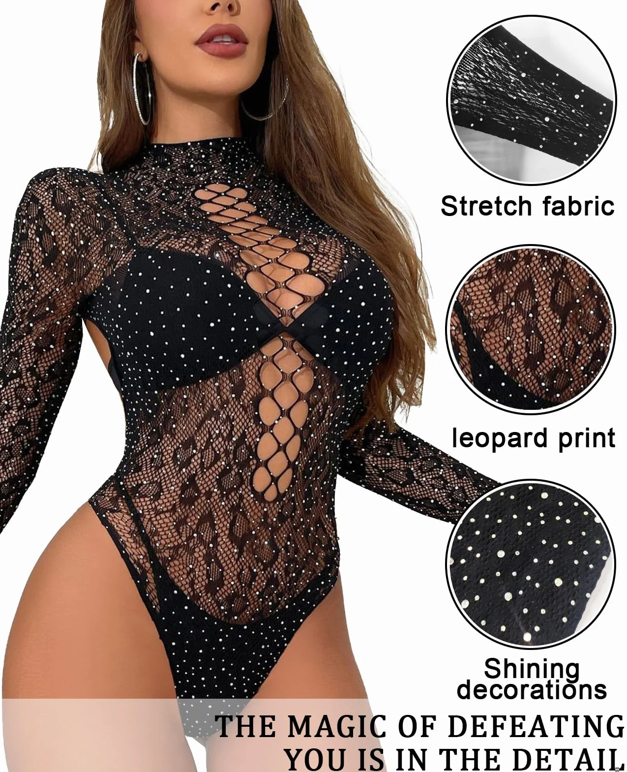 Rayson Damska bielizna koronkowa z długim rękawem z szydełkiem bielizna nocna bodystockings błyszcząca bielizna