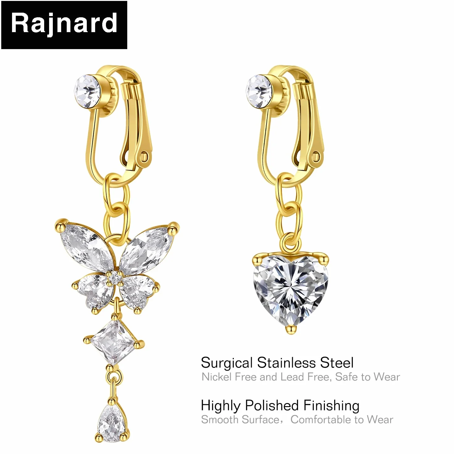 Fałszywy kolczyk do pępka ze stali chirurgicznej Fałszywe Belly Ring Clip On Dangly Belly Piercing biżuteria CZ serce motyl pręty pępek dla kobiet dziewcząt