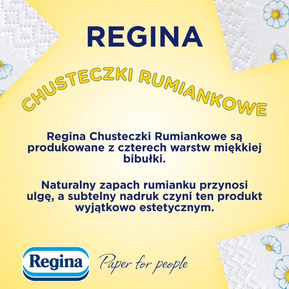Regina Chusteczki Rumiankowe, 24 Opakowania po 10 Paczek, 4-Warstwowe, Miękkie i Delikatne, o Zapachu Rumianku, z Nadrukiem, Czysta Celuloza, Certyfikat FSC, Atest NIZP-PZH