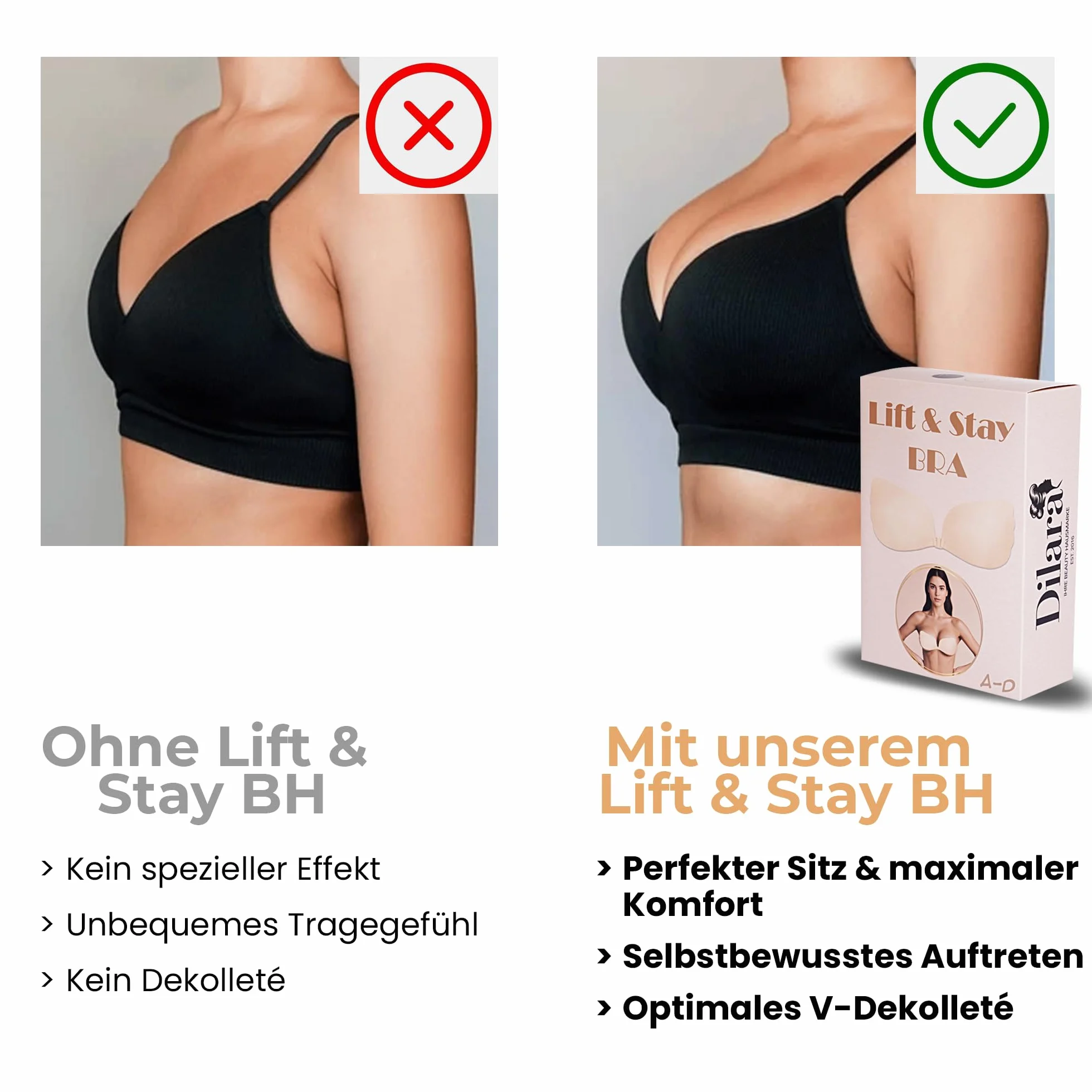 Dilara Samoprzylepny biustonosz push-up bez ramiączek – niewidoczny biustonosz wielokrotnego użytku do strojów bez pleców – bezpieczne trzymanie i objętość