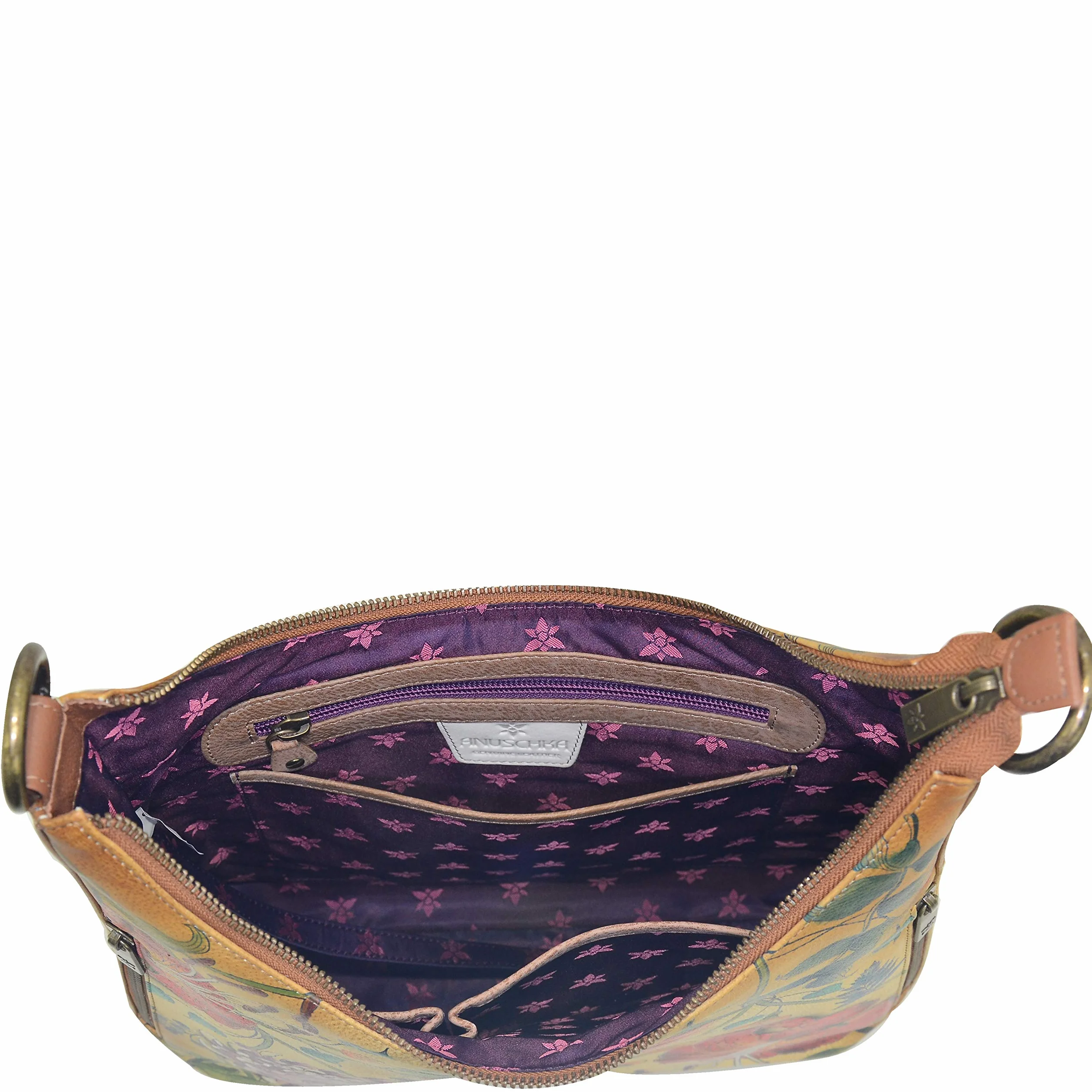 Anuschka Ręcznie malowane damskie skórzane kabriolet slim hobo z paskiem crossbody - zamek błyskawiczny od góry, wiele kieszeni