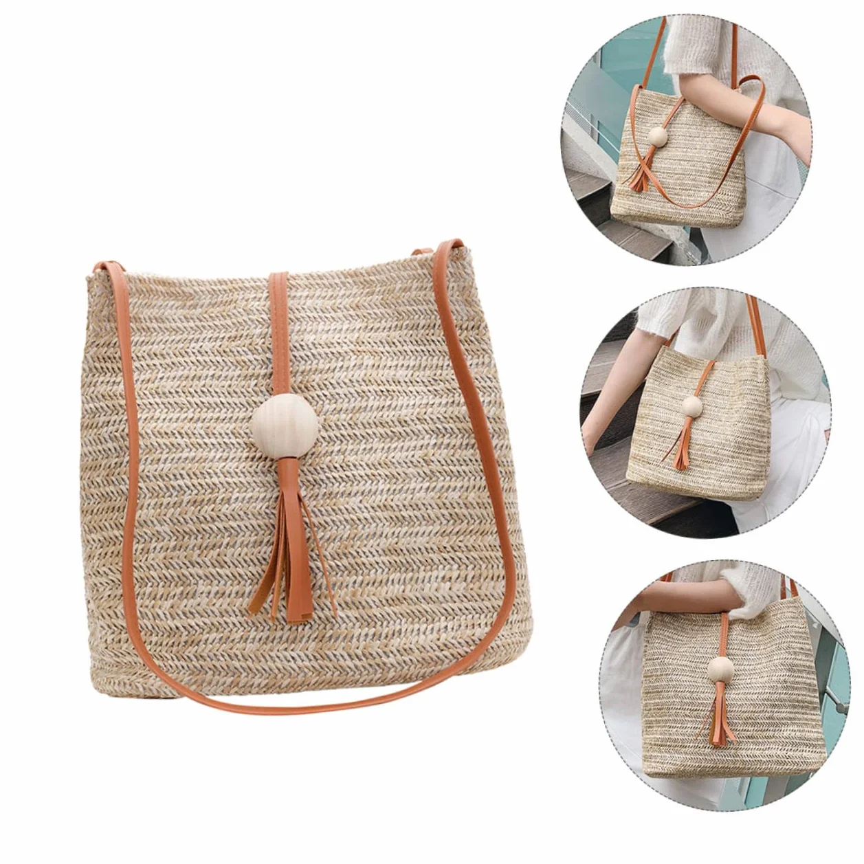 Holibanna 1kawałek Torba Wodoodporna Wykonana z Trawy Włóknistej Lato Dla Kobiet Stylowy Koszyk Kolorze Brązowym Przenośny Model Bucket Bag Do Codziennych Stylizacji
