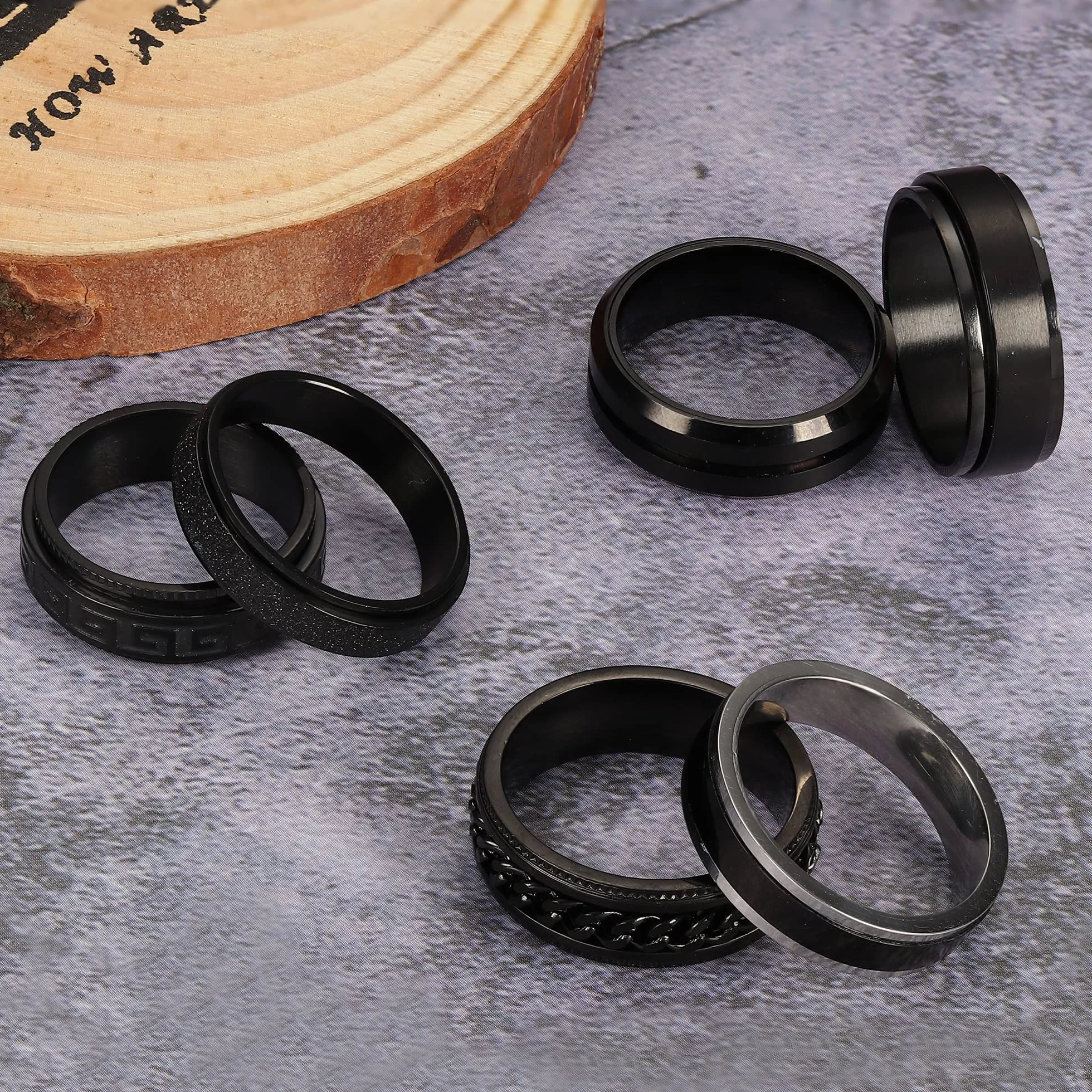 JeweBella 6 szt. męskie pierścionki skręcone ze stali nierdzewnej pierścienie obrotowe 8 mm czarne fajne celtyckie pierścionki vintage obietnica ślubna czarna obrączka zestaw pierścionków dla mężczyzn