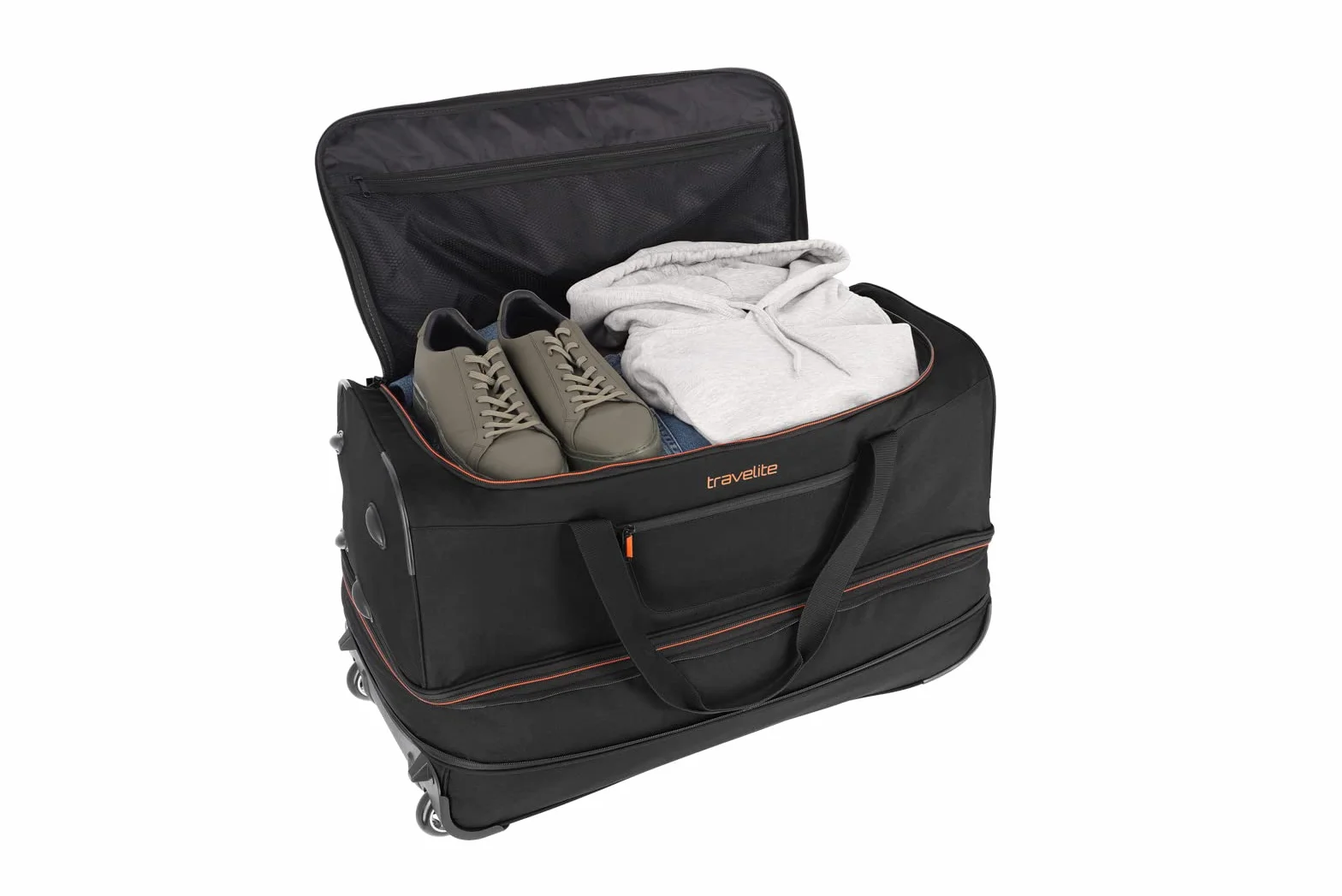 travelite Torba podróżna na wózek 2-kołowy rozmiar L ze składanym, seria bagażowa BASICS: miękka torba podróżna na bagaż z kółkami o dodatkowej pojemności, 70 cm, 98 litrów (z możliwością rozszerzenia do 119 litrów)