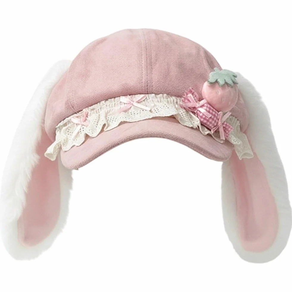 Uroczy królik ucho beret kapelusz kobiety zimowy beret gazeciarz czapka słodka czapka beanie malarz kapelusze kawaii francuski styl artysta czapka
