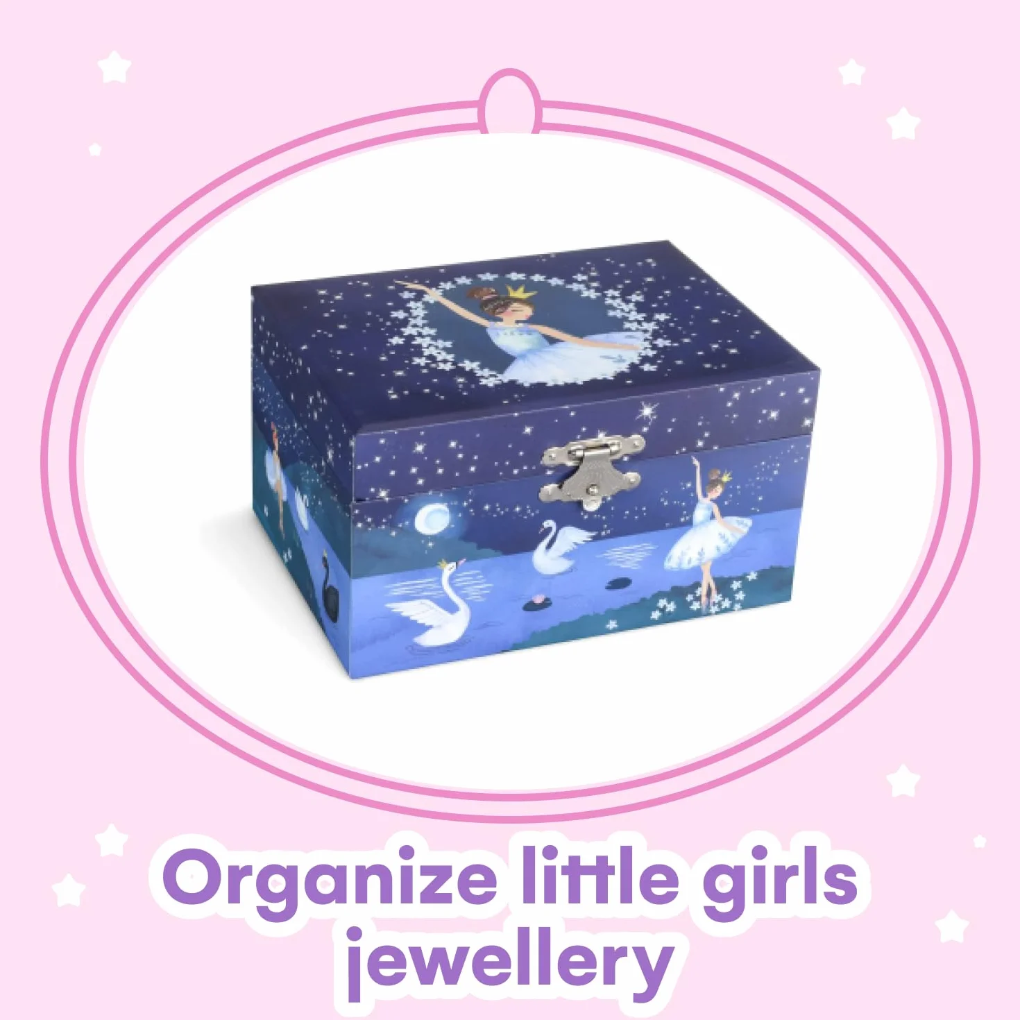 Jewelkeeper Dziewczęca szkatułka na biżuterię z wysuwaną szufladą, gwiaździsta noc dla dzieci z melodią Jezioro Łabędzie, pudełko na biżuterię z baleriną, prezenty urodzinowe