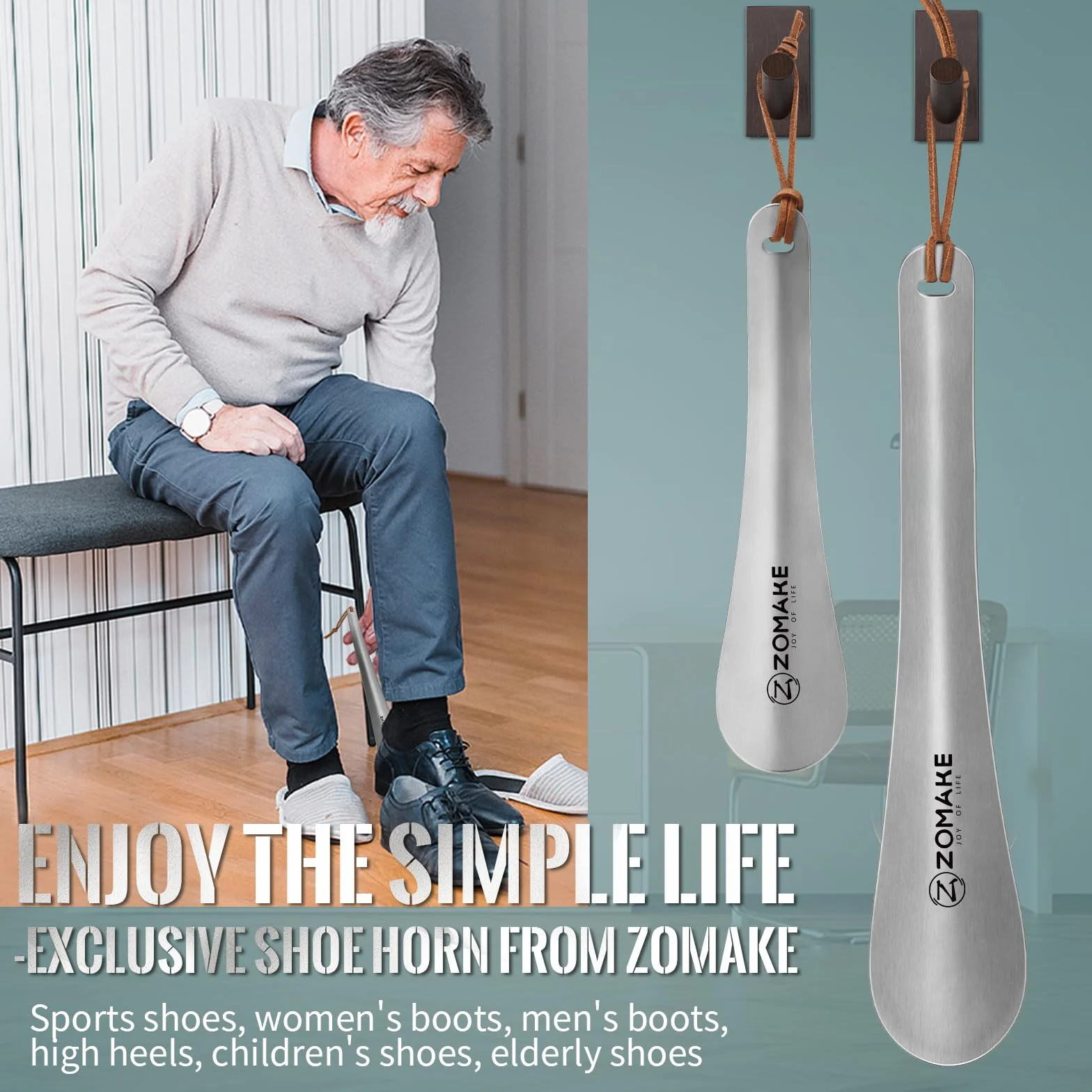 ZOMAKE Łyżka Do Butów Metalowy 2Szt,Długa Łyżka Do Butów Ze Stali Nierdzewnej 30 cm Z Liną - 18.5 cm Stabilna Łyżka Do Butów Mała Z Liną Dla Seniorów Mężczyzn Kobiet
