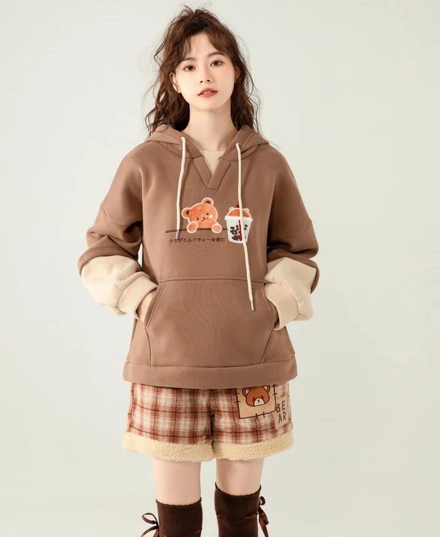 Kawaii bluza z kapturem dla nastolatków, uroczy niedźwiedź, mleko, herbata, łata, haft, pulower, topy z kapturem, dwuczęściowy, aksamitne luźne bluzy z kapturem, Brązowy, Jeden rozmiar