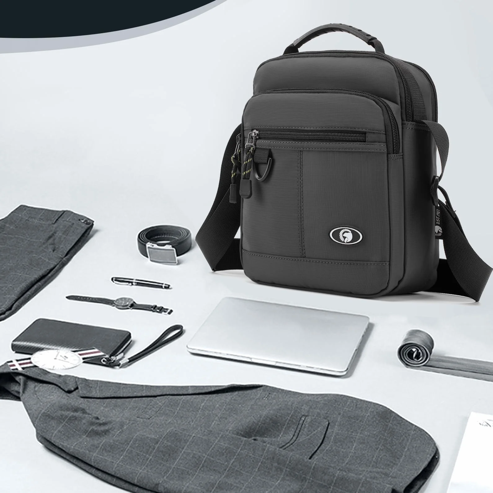 BAGZY Męska Nylon Wodoodporna Torba na Ramię dla 9,7-Calowy IPAD, Saszetka Krocząca, Etui do Telefon, Męska Torba Codzienna z Regulowanym Paskiem na Ramię do Biura/Studiów/Podróży