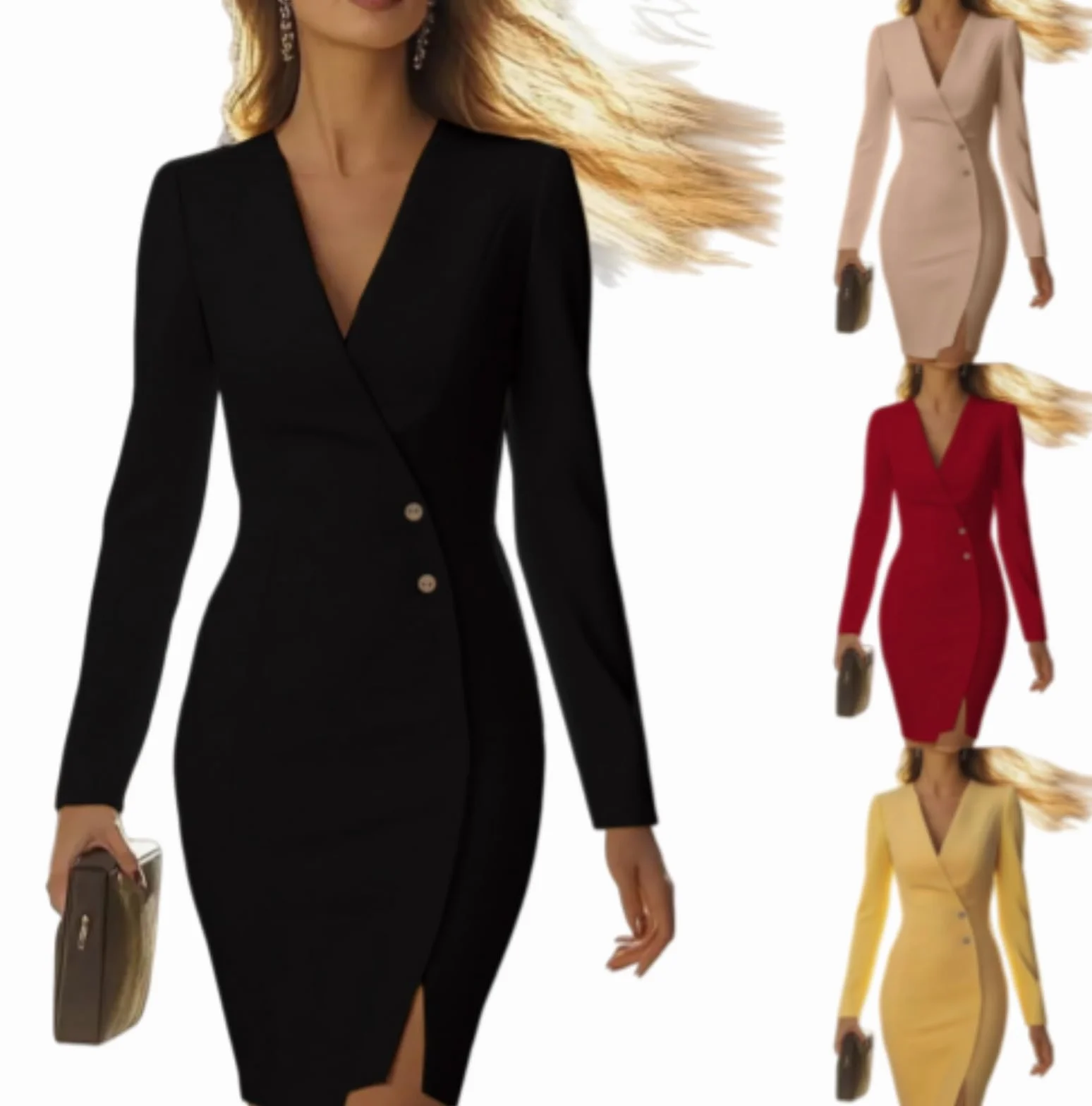 Damska elegancka sukienka biznesowa z paskiem slim fit, jednolity kolor, długi rękaw, dekolt w serek, formalna odzież, stylowy jednorzędowy guzik