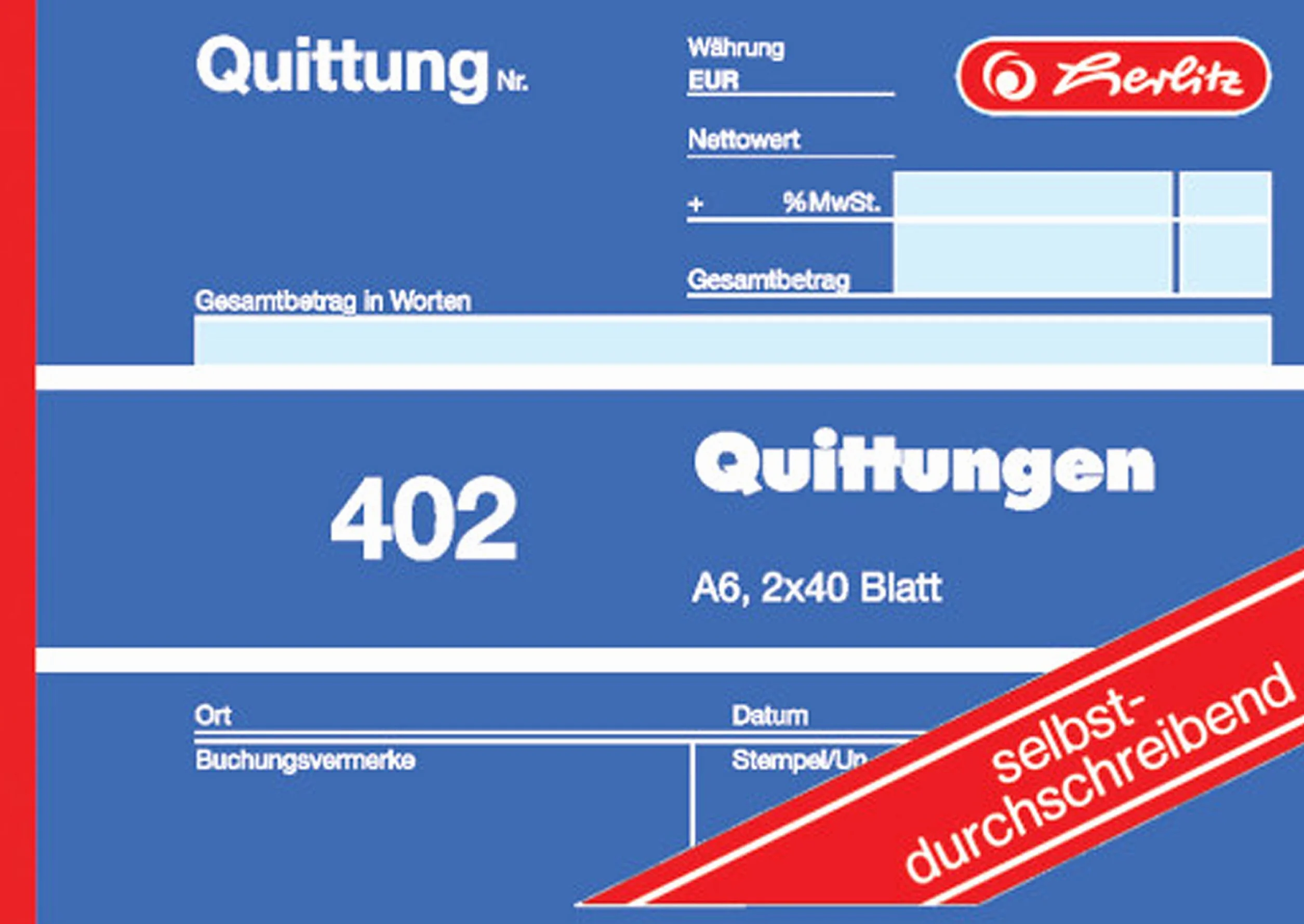 Herlitz Blok pokwitowań 402, samokopiujący, format A6 poprzeczny, 2 x 40 arkuszy (5 sztuk)