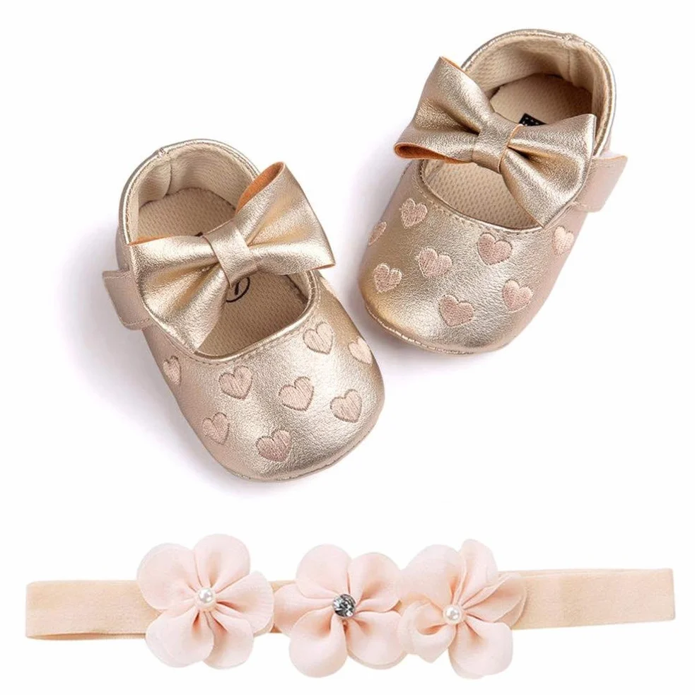 EDOTON 2 szt. buty dla małych dzieci + opaska na czoło dla dziewczynek, miękkie buty antypoślizgowe na specjalne okazje, chrzest, wesele, imprezy okolicznościowe, - A z?oto - 19 EU