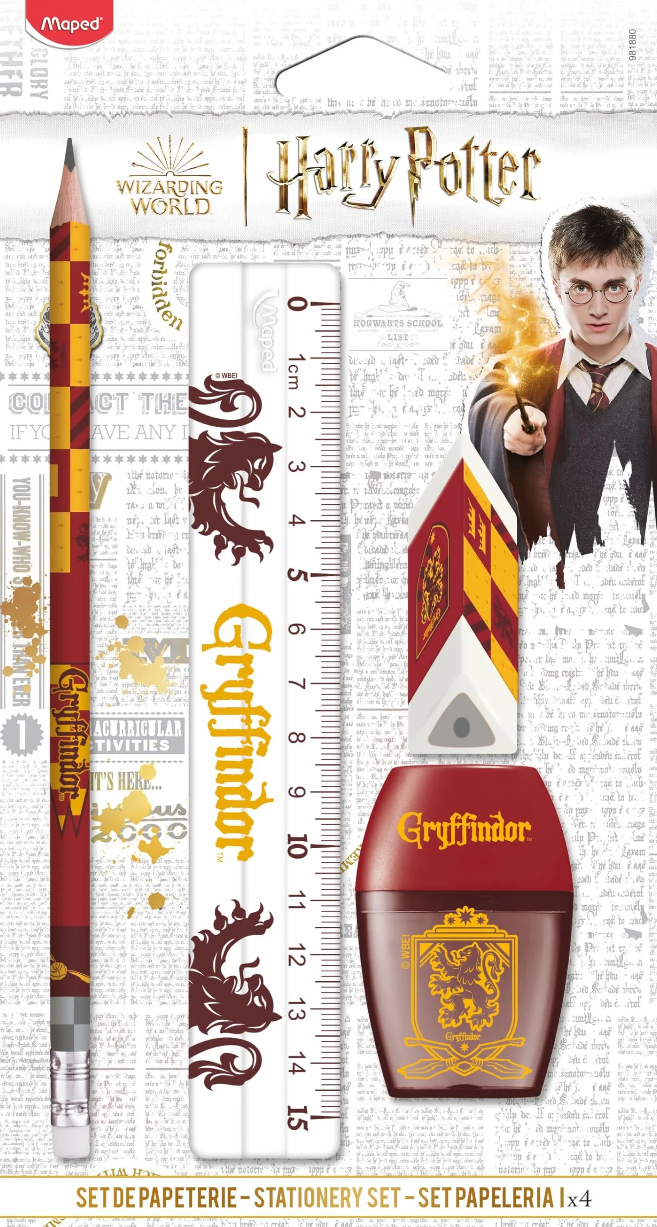 Maped Gryffindor 4-częściowy zestaw artykułów piśmienniczych - 1 przezroczysta linijka 15 cm + 1 temperówka, 1 otwór + 1 gumka do ścierania + 1 ołówek papierowy HB - Oficjalna licencja Harry'ego