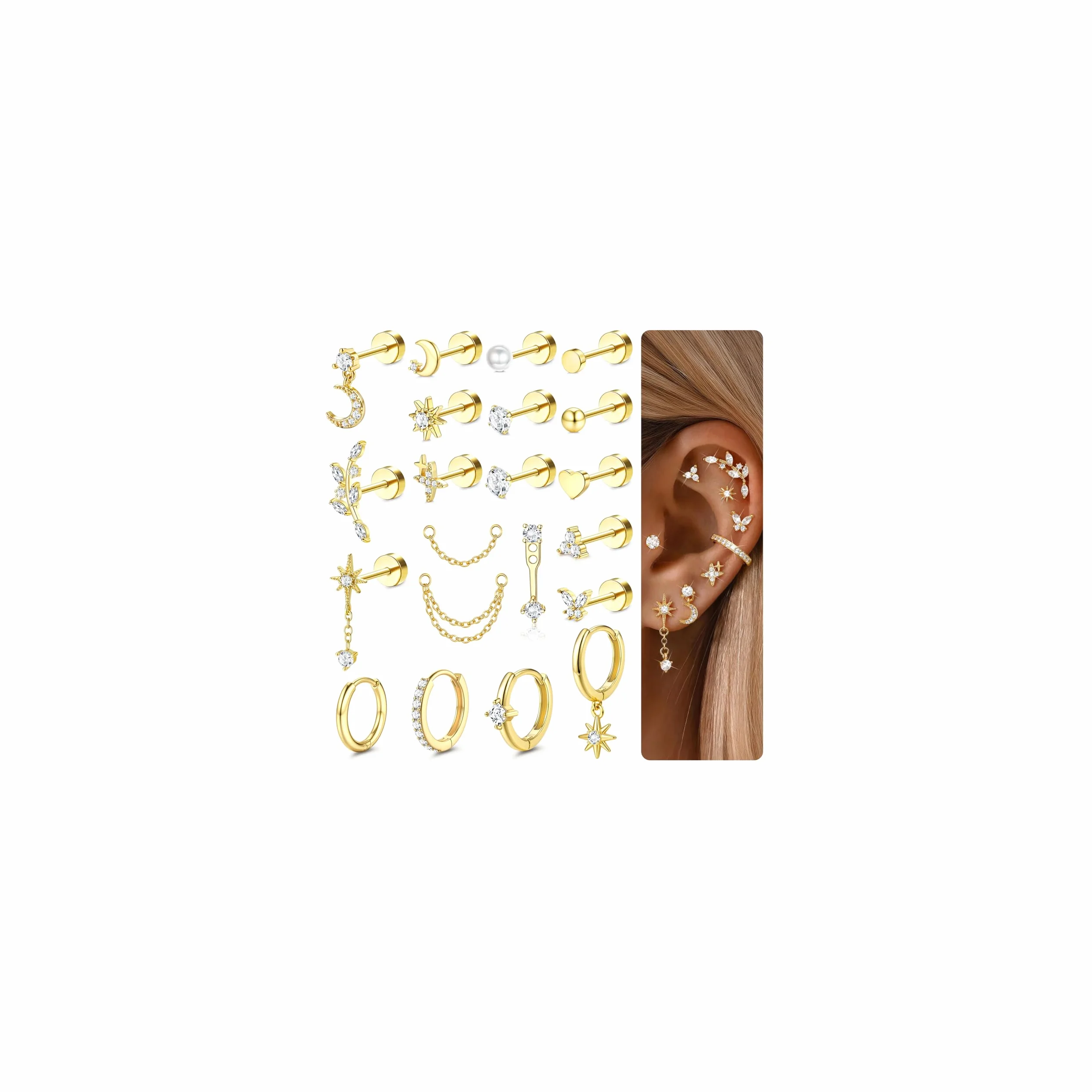 CASSIECA Kolczyki damskie, 21 szt., kolczyki do uszu ze stali nierdzewnej, złoto, srebro, piercing Helix Conch Tragus Daith, biżuteria damska