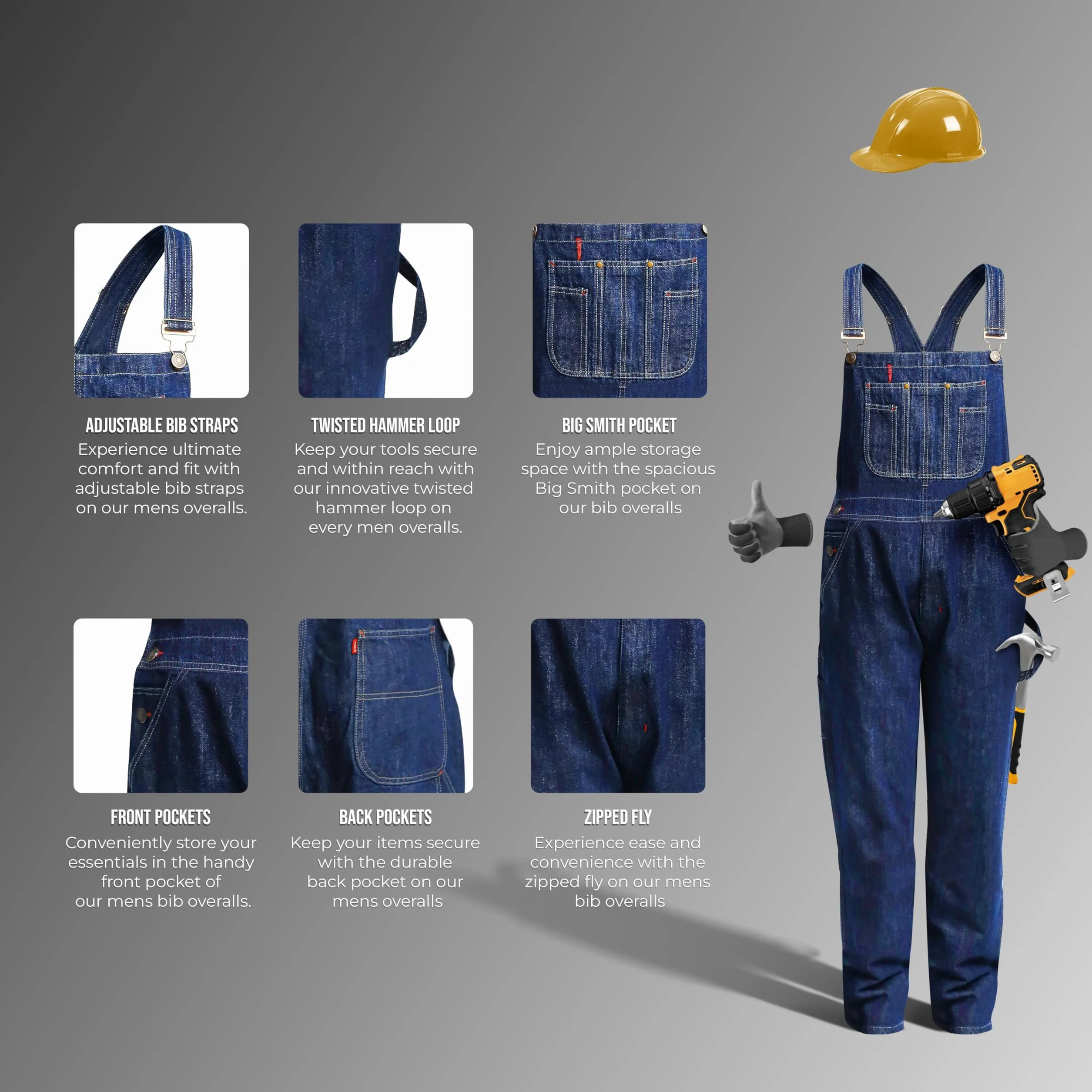 GREAT BIKERS GEAR - Męskie ogrodniczki dżinsowe ogrodniczki dżinsy Brace duży i wysoki klucz Pro Heavy Duty Workwear Mario Cargo