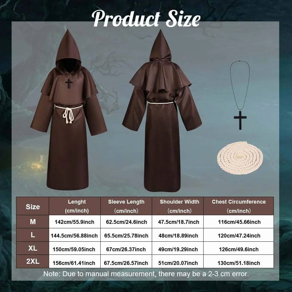 Aomig Szata mnicha, męska, czapka mnicha, średniowieczna peleryna, klasyczny kostium, kaptur, renesansowy, szata kapłana, na Halloween, karnawał, kostium Cosplay (rozmiar XL ~ XXL, czarny, brązowy)